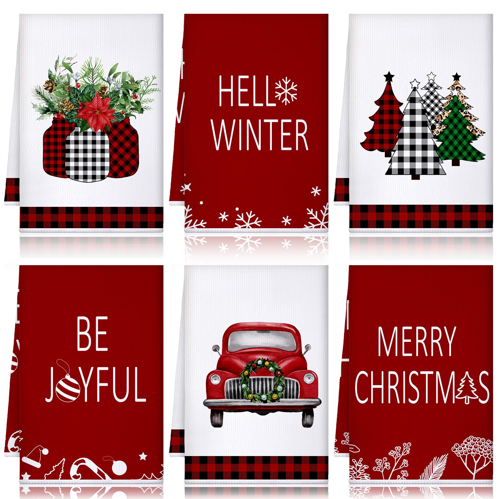 Bencailor 6 Pcs Christmas Kitchen Towels Buffalo Plaid Christmas Hand Towels Xmas Tree Red Truck Dish Cloths 24x16 Inch Absorbent Winter Decorative