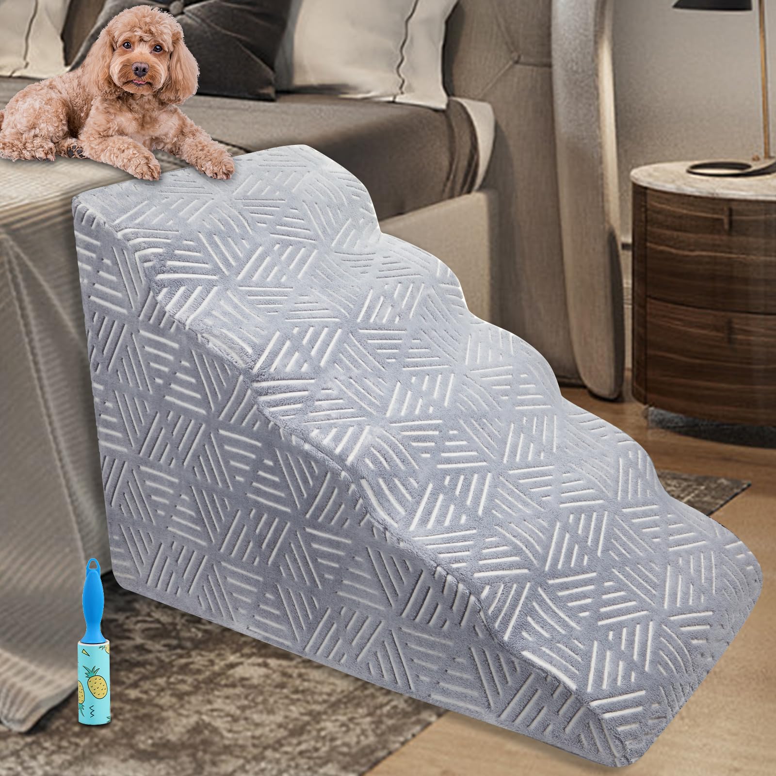 Extra Wide Foam 5 Tiers Dogs Stairs/Steps for High Beds Large Dogs, LitaiL Pet Stairs/Steps for High Beds, High Density Odorless Luminous Cover Dog Ramps Ladders for Older Dogs/Cats Injured