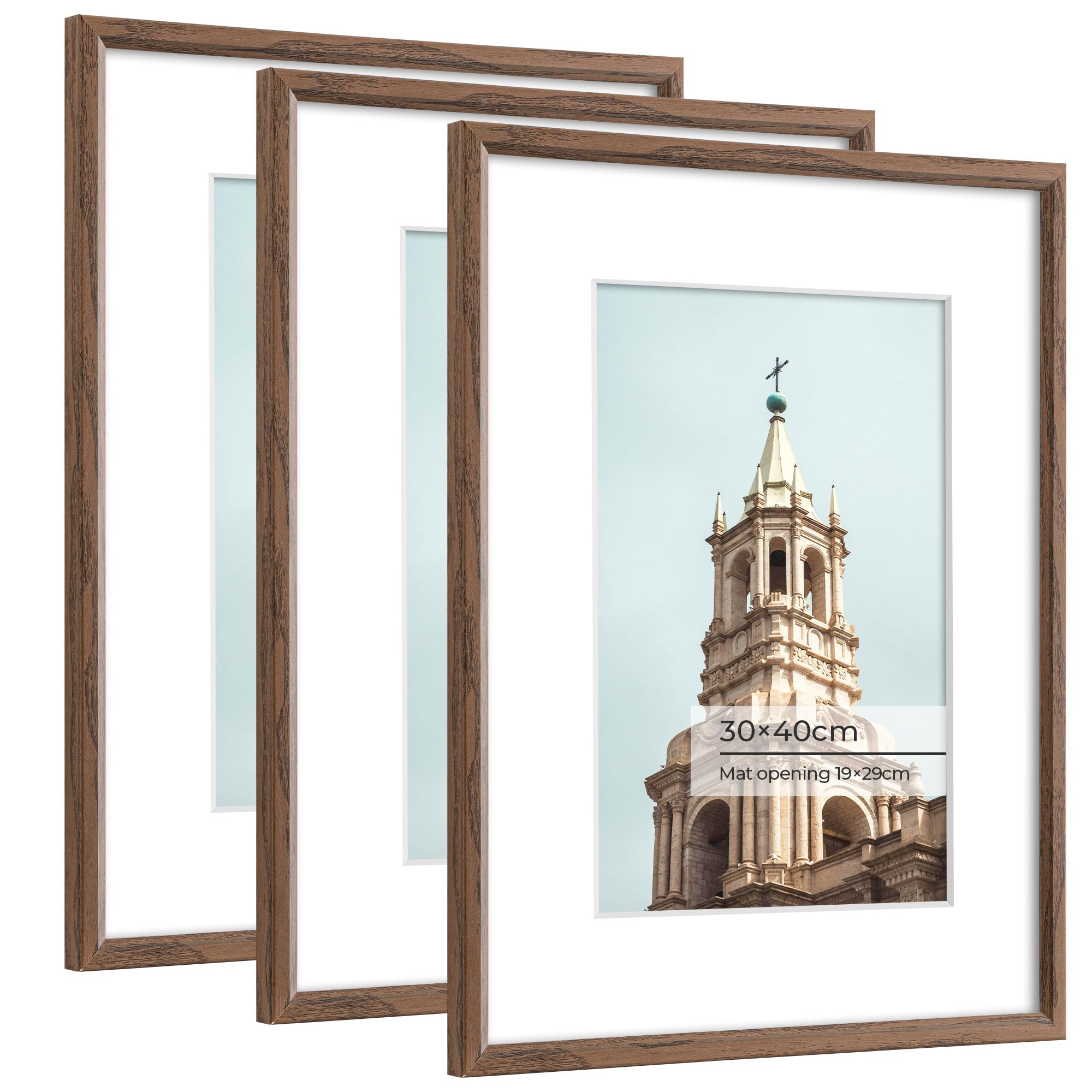 30x40cm Picture Frame, Display Pictures 19x29cm with Mat or 30x40cm Without Mat, Wall and Tabletop Display Photo Frame, Walnut Woodgrain, 3 Packs