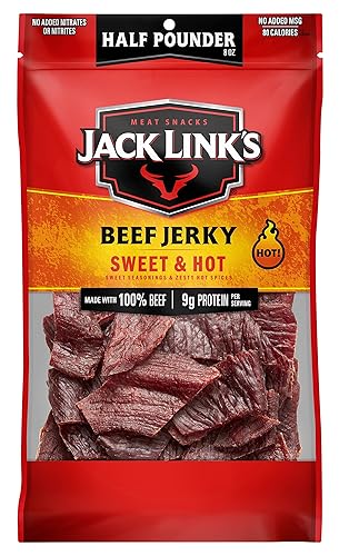 Jack Link's Beef Jerky, Sweet & Hot, Half Pounder Large Jerky Bag - Flavorful Meat Snack, Ready to Eat Protein Snacks with 9g of Protein per Serving, Made with 100% Beef - Sweet & Hot - 8 Ounce (Pack of 1)