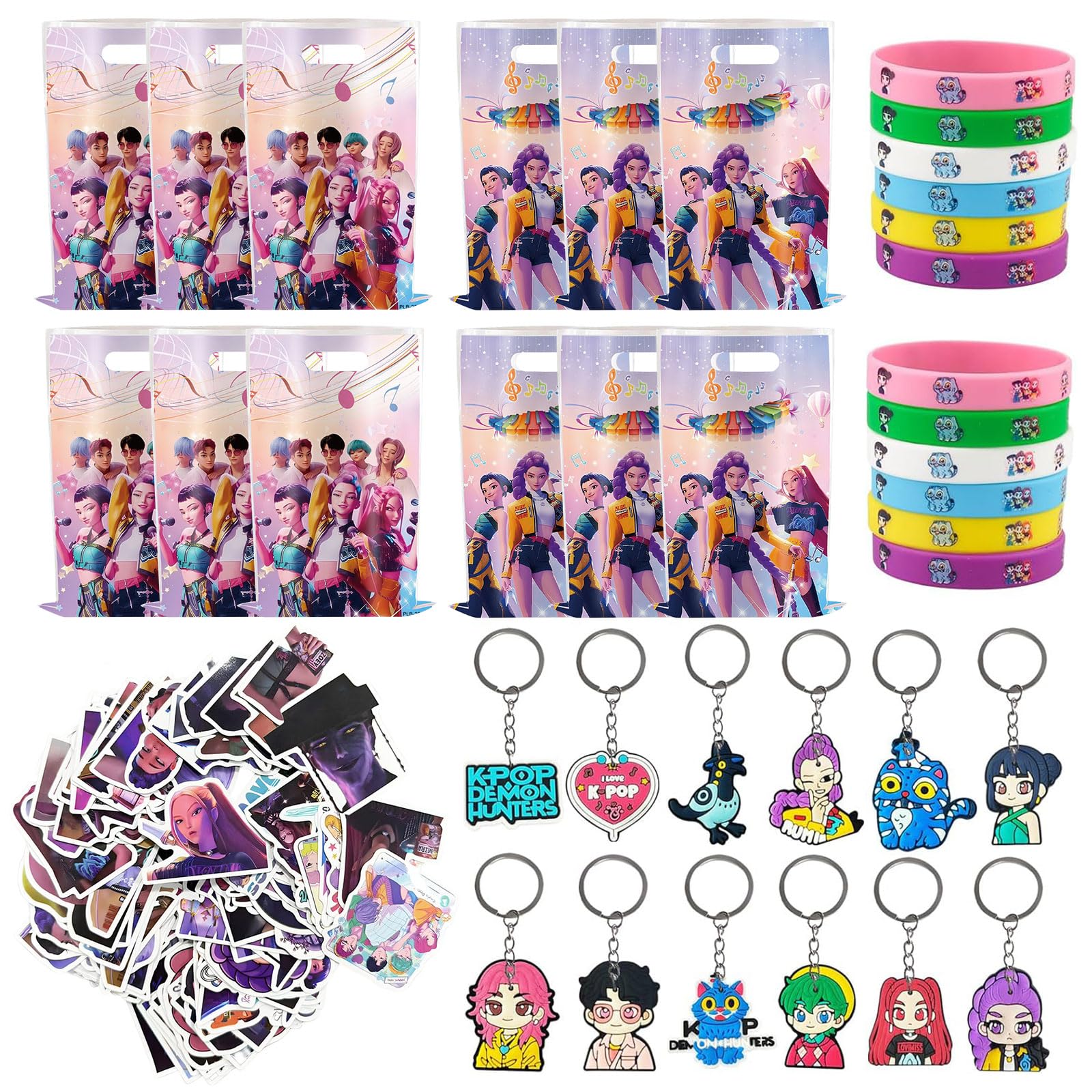 Huntrix, regalo di compleanno anime, 148 pezzi, regalo di compleanno per bambini, regalo di compleanno con braccialetto, adesivi, portachiavi Huntrix, sacchetto regalo per feste