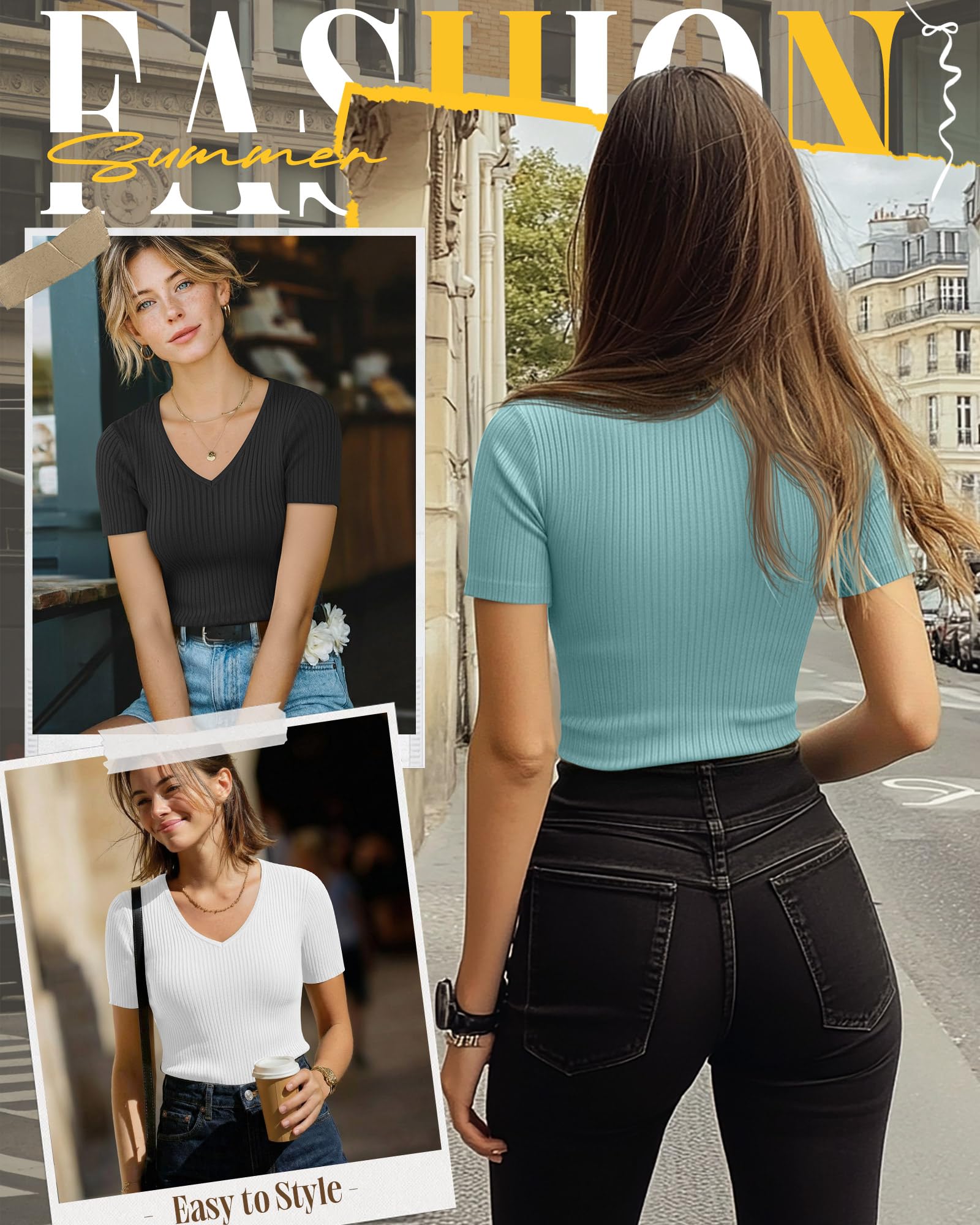 Neer Lot de 4 t-shirts à col en V en coton côtelé à manches courtes et coupe ajustée pour femme