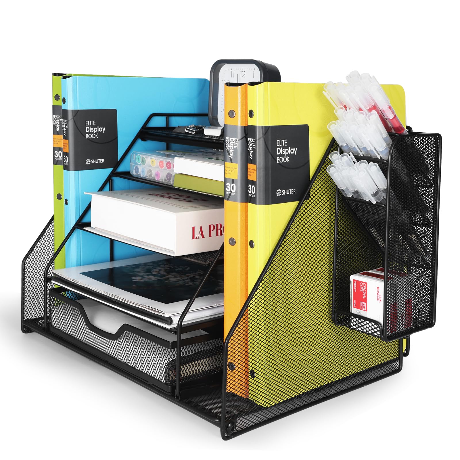 Cinnani Organizador de Escritorio Grande de Metal de 5 Niveles con Portalápices Grande Exterior de Metal, Nivel Inferior con Cajón Bandeja para Montones de Carpetas y Revistas oficina accesorios