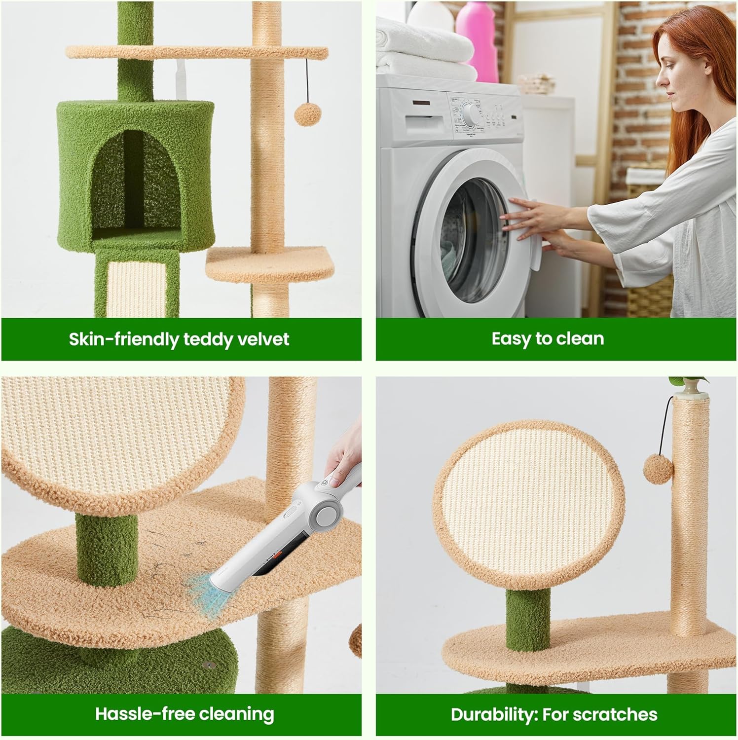 Erinnyees 57" Multi-Level Cat Tower with Hammock, Coconut Cat Tree with Green Leaves, Plush Cat House with Hang Ball Toy and Sisal Scratching Posts Furniture, Green