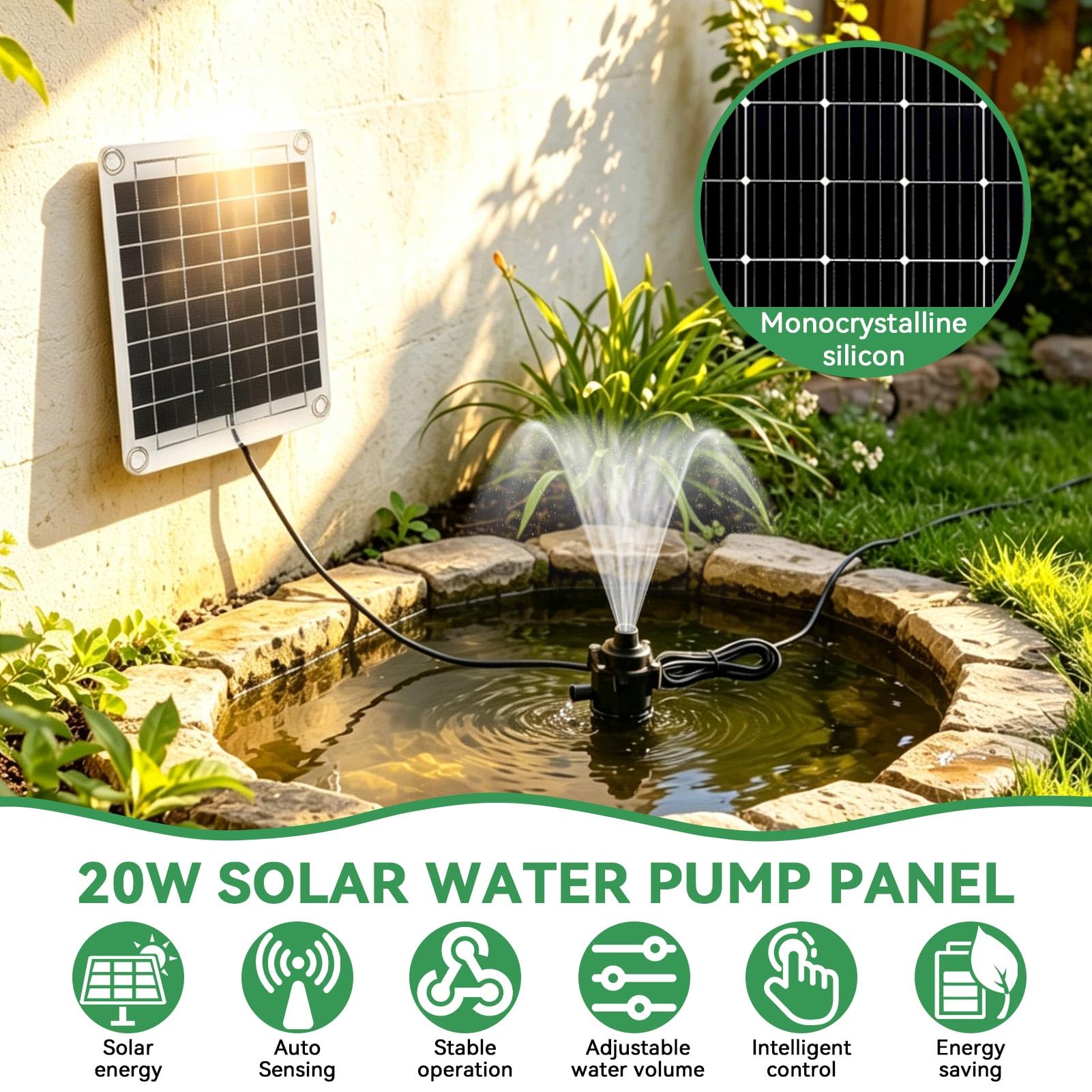 Bomba De Fuente Solar, 20W DC 12 V Panel Solar Bomba De Agua Kit De Fuente Sumergible Ajustable Con Elevación De Agua De 5 Metros/16.4 Pies Para Bañera De Aves Riego De Peces Estanque De Jardín
