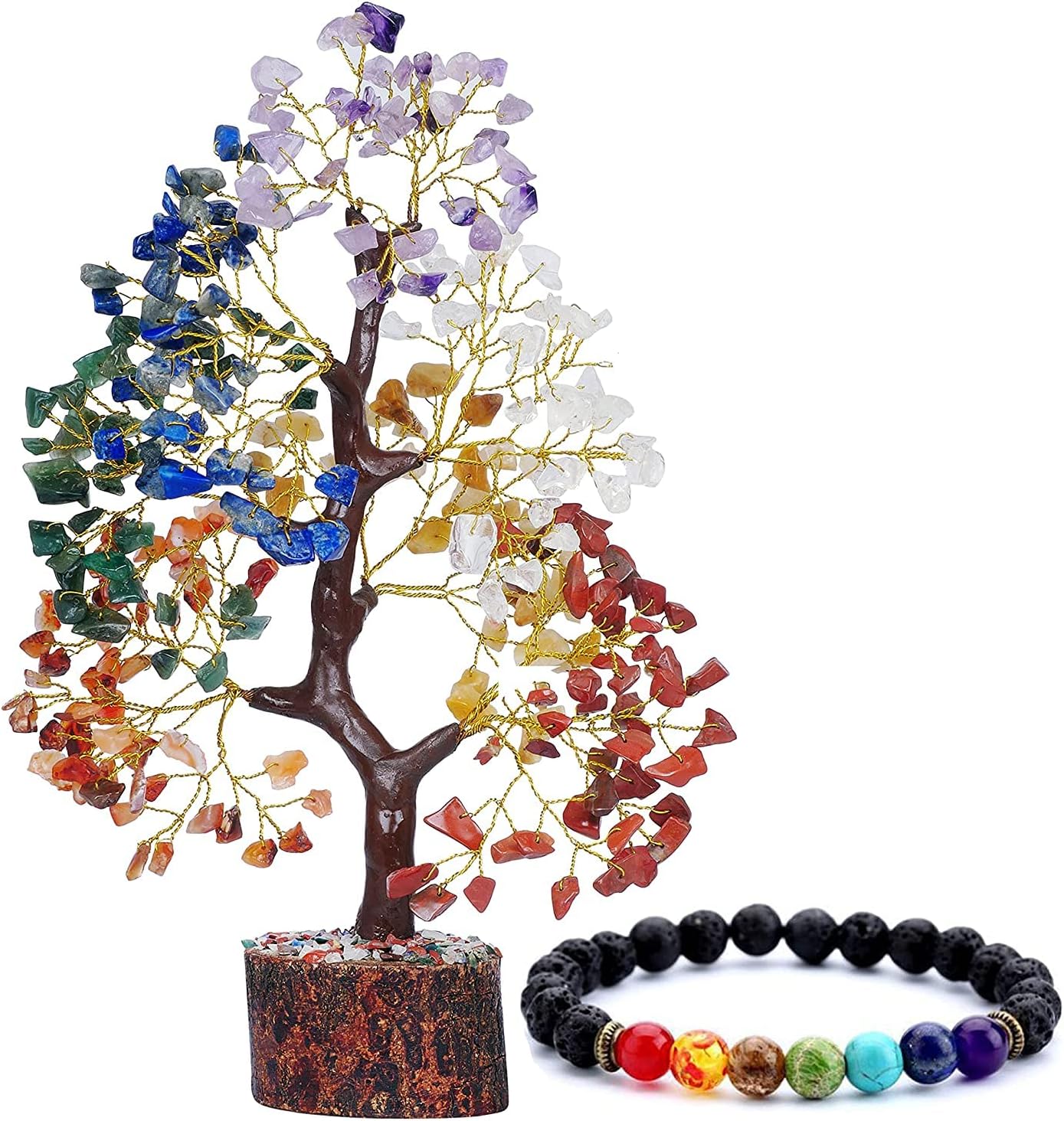 HOMEDECORSHOPIE Seven Chakra Bonsai Tree with Chakra Bracelet Made of Gemstone Crystal with Golden Wire for Healing Vastu Fensghui Prosperity Good Health Relationship 10-12 Inches : Health & Household