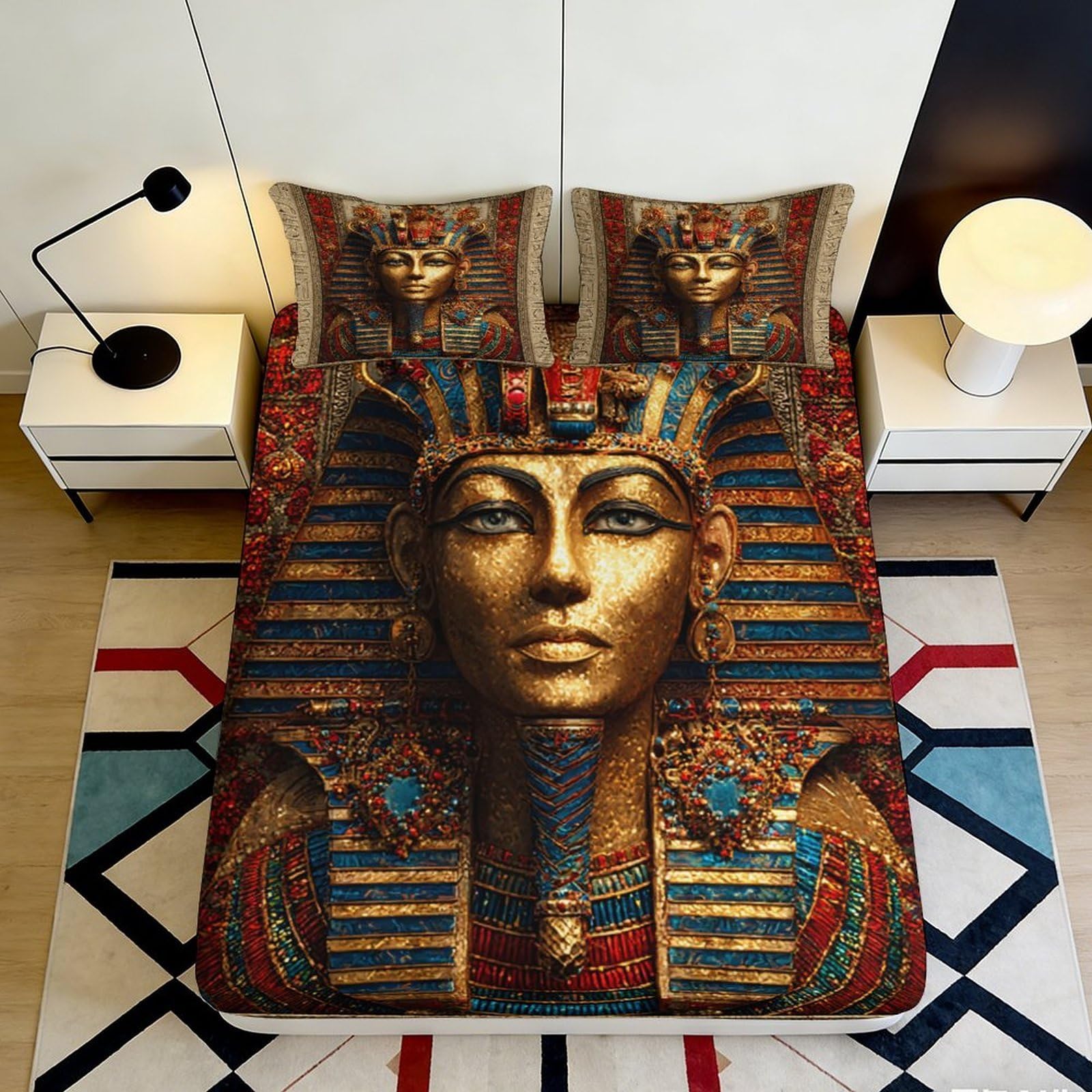 3D Printed Pharaoh Fitted Sheet Microfiber Soft Egyptian King Bed Cover for Bedroom Guest Room Decor Dustproof 90x200x25cm
