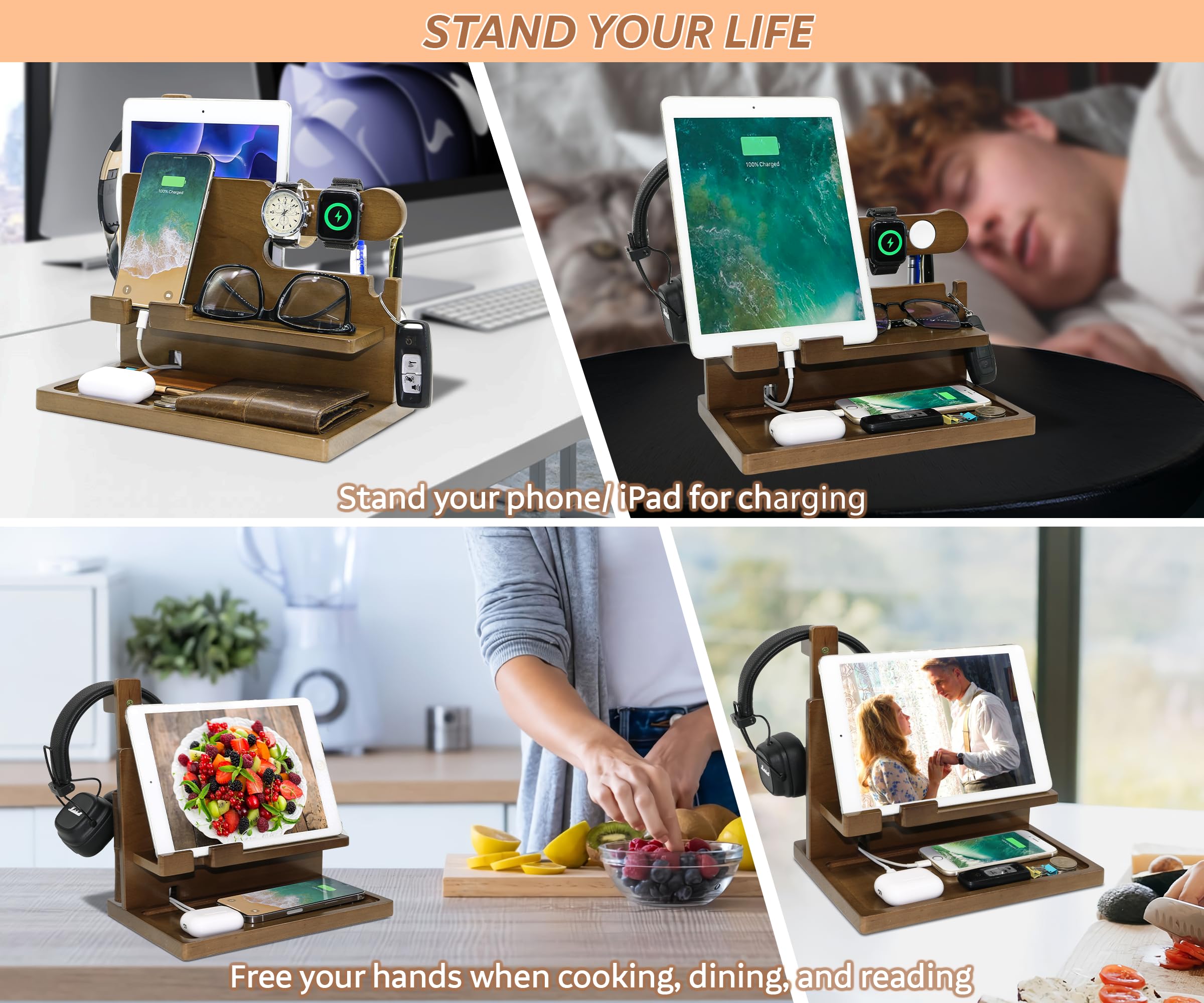 Organizador de escritorio personalizado para hombres, organizador de accesorios hecho a mano con soporte para auriculares, soporte para reloj, ideas de regalo únicas para marido, novio en cumpleaños y