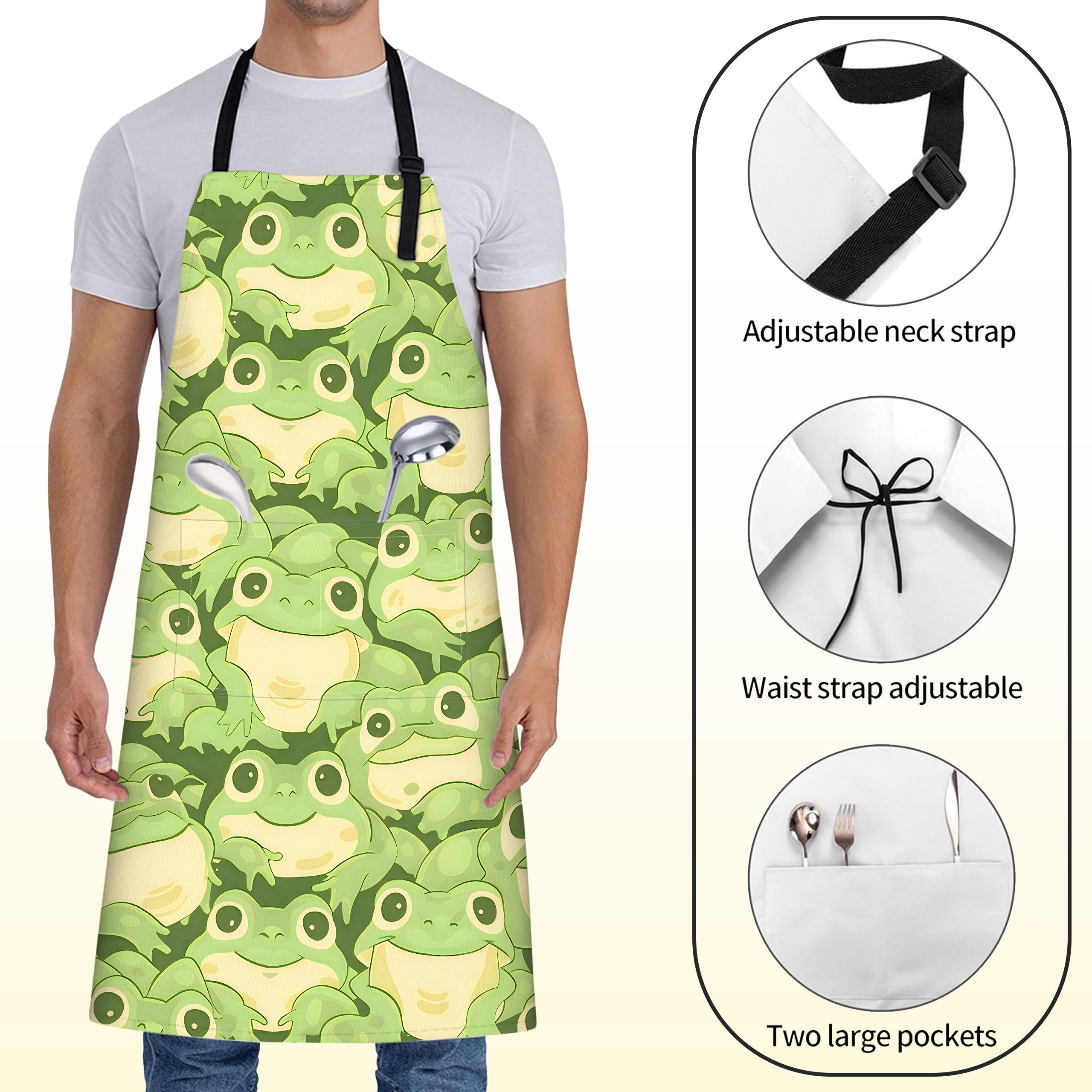 Bonito delantal de rana para mujeres y hombres, 27 x 31 pulgadas, divertidos delantales de cocina de dibujos animados con 2 bolsillos