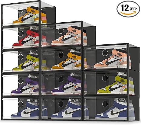 SEE SPRING X-Large 12 Pack Shoe Storage Box, Clear Plastic Stackable Shoe Organizer for Closet, Shoe Sneaker Containers Bins Holders Fit up to Size 13 (Black) SEE SPRING X-Large 12 Pack Shoe Storage Box, Clear Plastic Stackable Shoe Organizer for Closet, Shoe Sneaker Containers Bins Holders Fit up to Size 13 (Black)