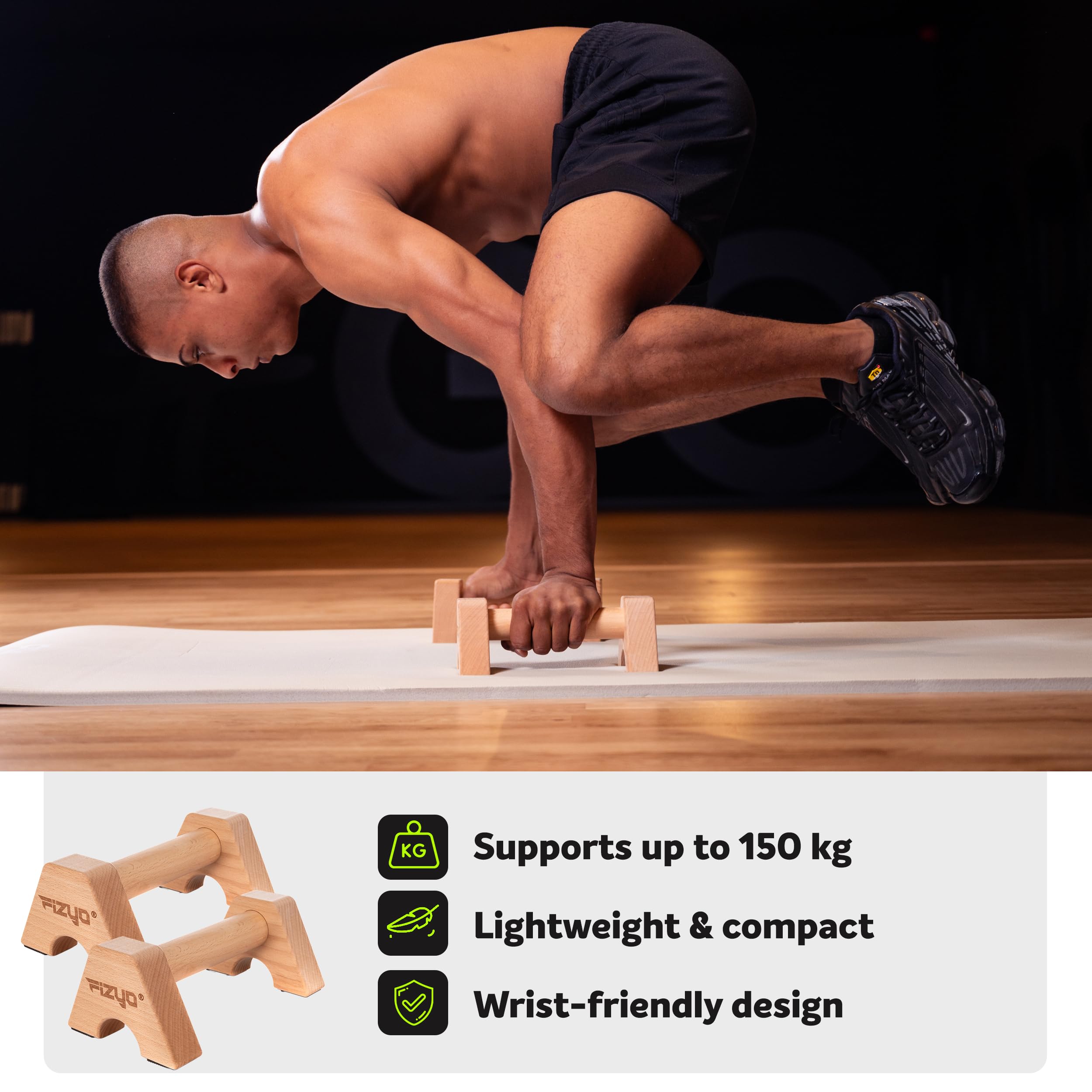 Fizyo Poignées pour Pompes en Bois, Parallettes de Callisthénie pour Entraînement de Force à Domicile, Base Antidérapante, Barres Push Up Fitness Musculation, 2 Pièces