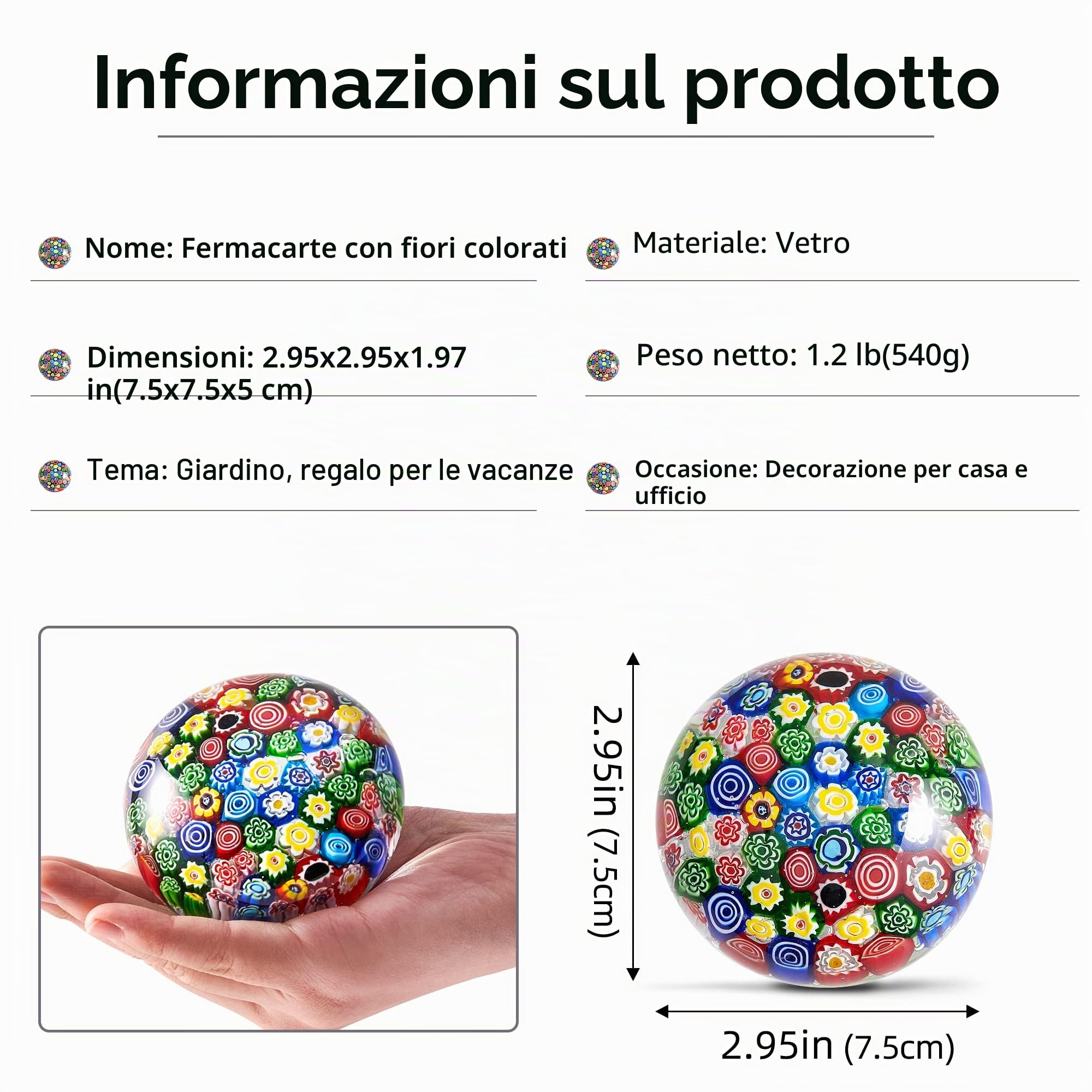 Figura floreale in vetro soffiato a mano, fermacarte in vetro per regalo di compleanno