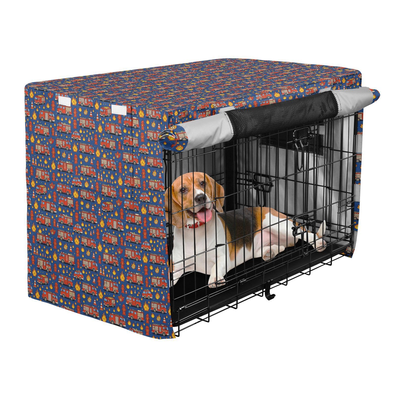 Housse de cage pour chien en Oxford imperméable bleu foncé motif camion de pompiers pour voyage