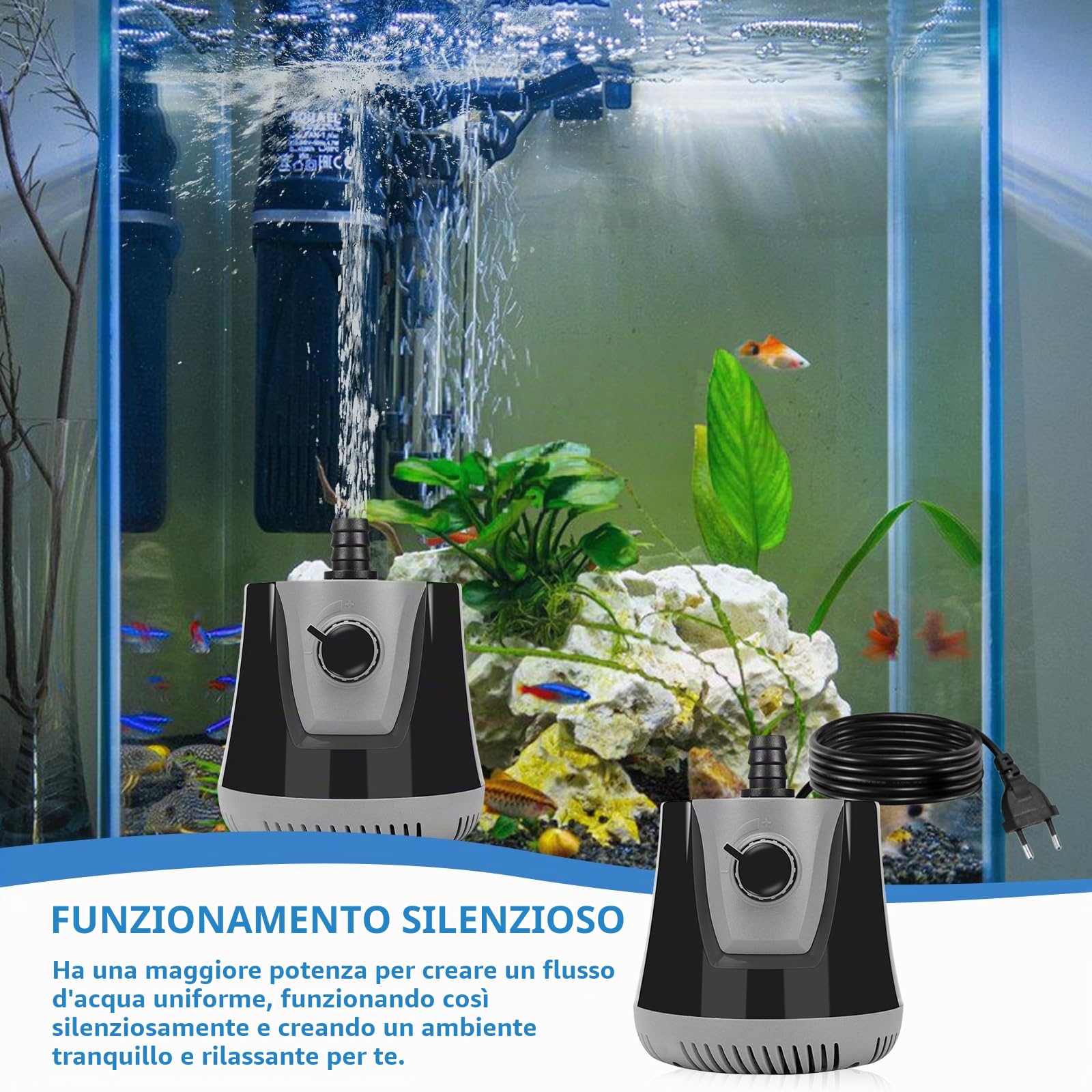 Pompa dell'acqua, pompa per acquario, 35 W, 2500 l/h, ultraleggera, mini pompa per laghetto con interruttore regolabile, tubo da 1 m e 3 ugelli per idroponica, fontana, stagno, acquari