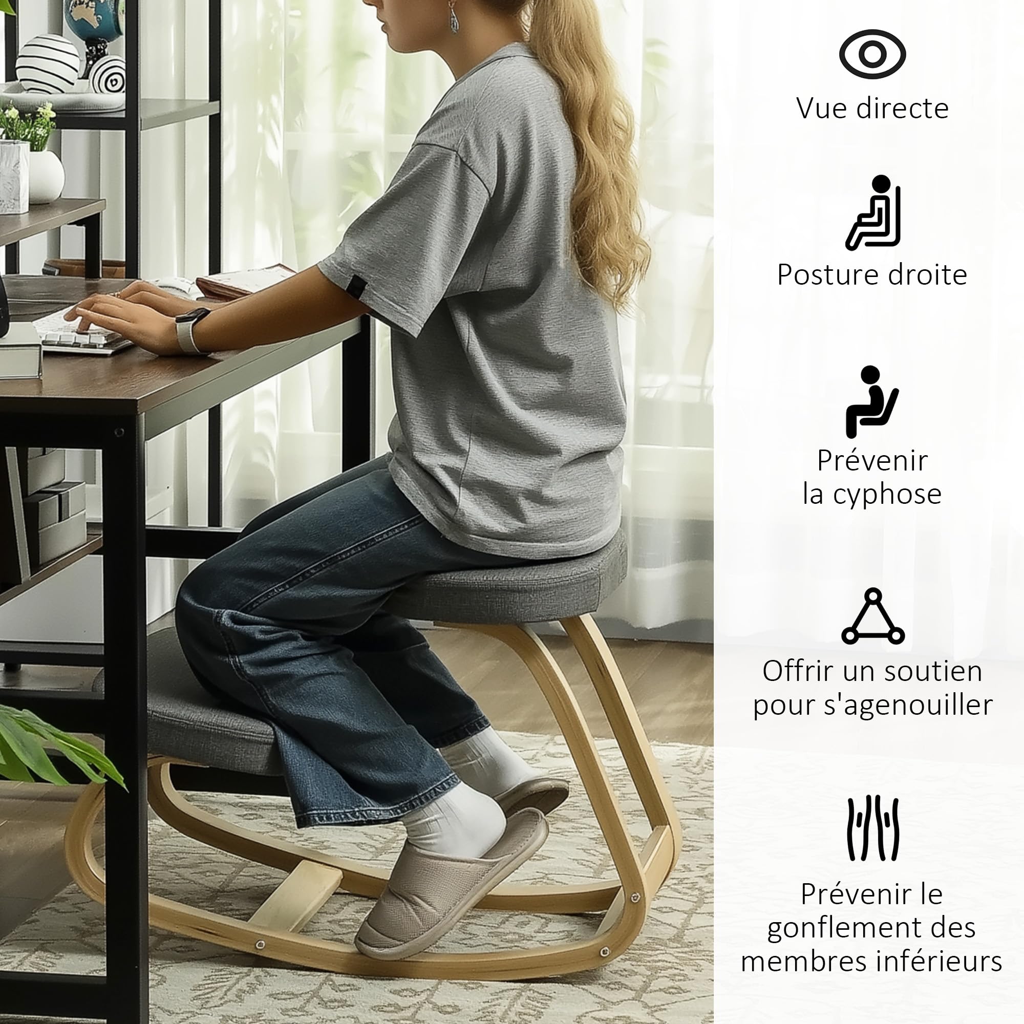 HOMCOM Siège Assis Genoux, siège Ergonomique en Bois à Bascule, Chaise à Genoux pour Bureau à Domicile, améliorer la Posture, maux de Dos, Gris