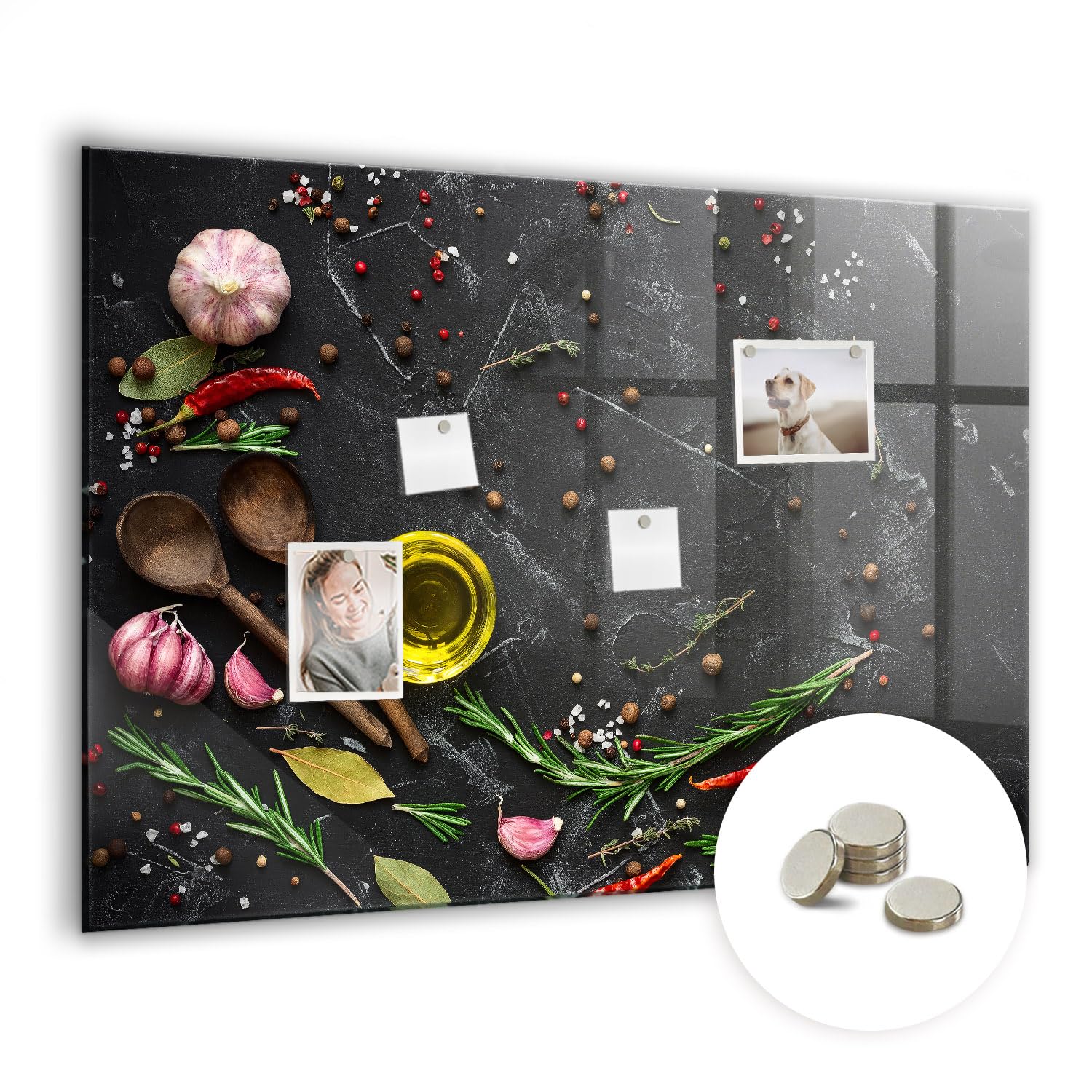 Glasmagnettafel schwarz | Magnetisches Whiteboard aus Glas | Inkl. Neodym-Magneten & Wandhalterung | Stilvolle Schreibfläche für modernes Bürodesign - 100x70cm Gewürze auf dem Tisch
