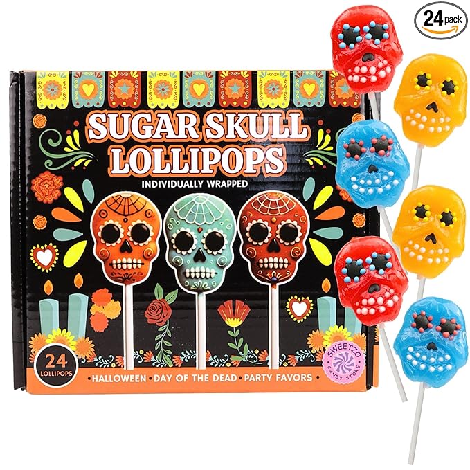 Sweetzo Halloween Sugar Skull Candy Lollipops, Individually Wrapped Dia De Los Muertos Suckers, Strawberry, Orange and Blueberry Flavored (24 Pieces)