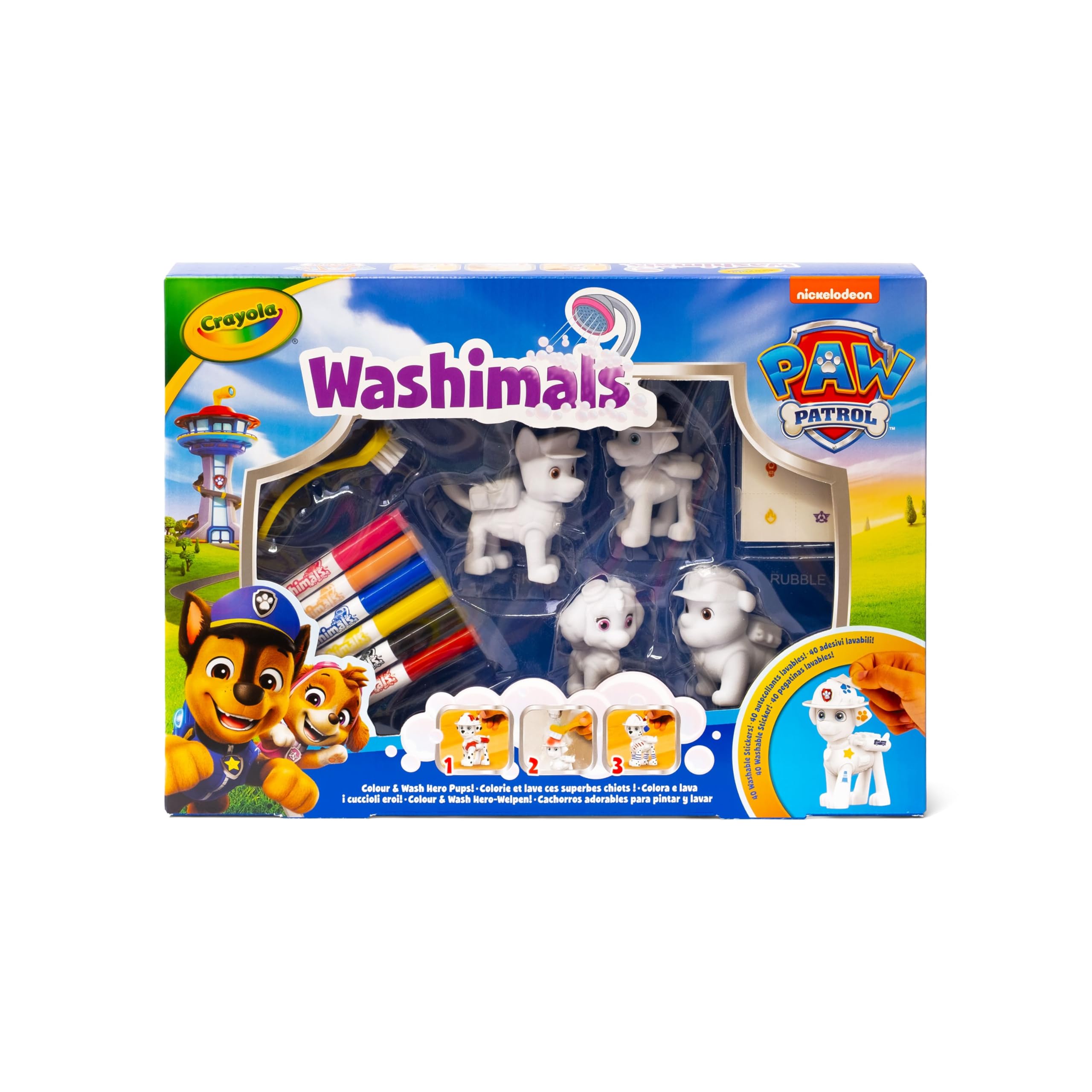 CRAYOLA - Washimals Pat' Patrouille, Kit Activité avec 4 bébés Animaux, 6 Feutres Lavables, 40 Autocollants et Brosse, Jeu et Cadeau pour Enfants, à partir de 3 Ans, 74-0290