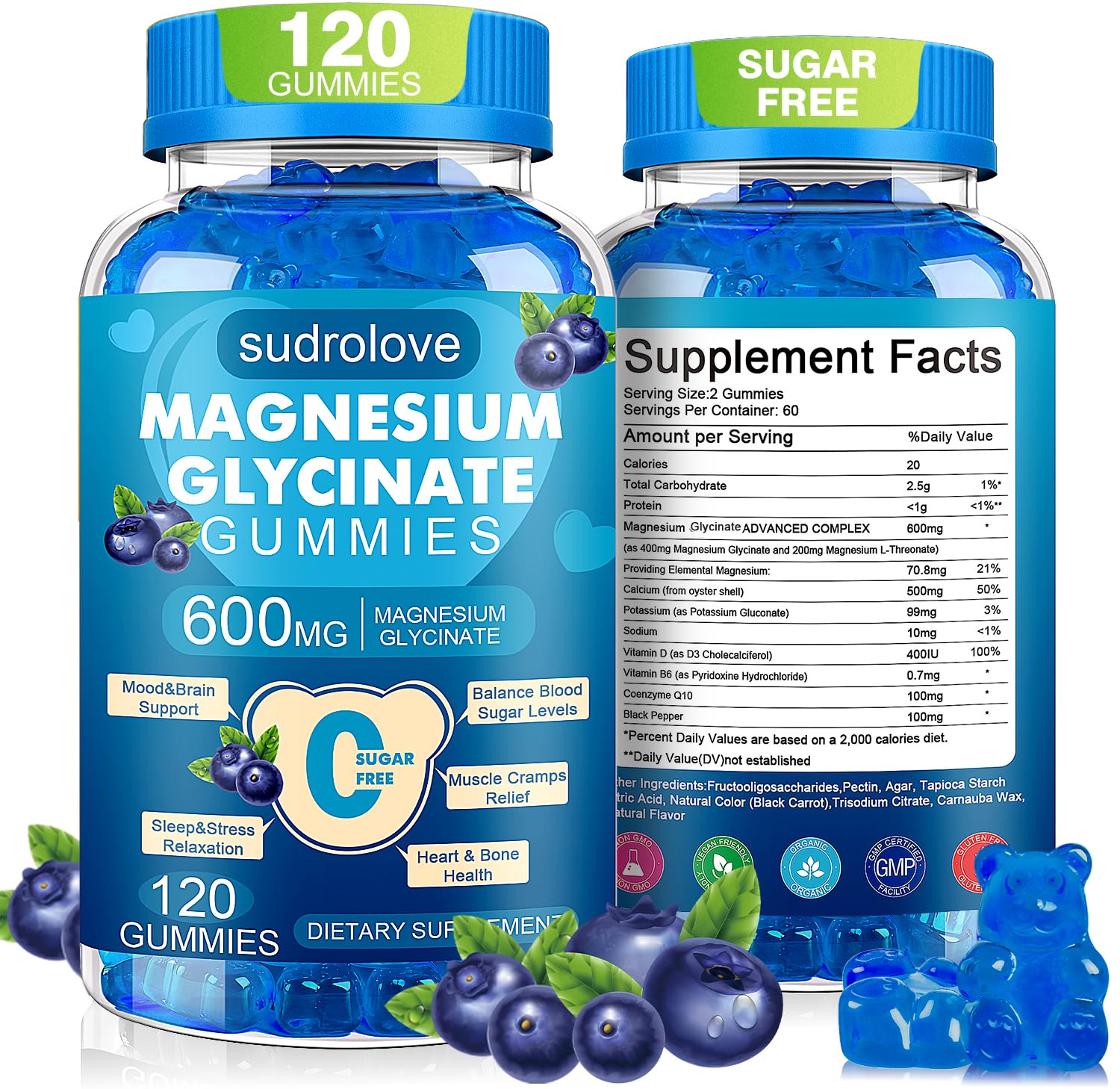 Magnesium Glycinate Gummies 600mg per Serving, 120 Count 1 Pack (Blueberry )