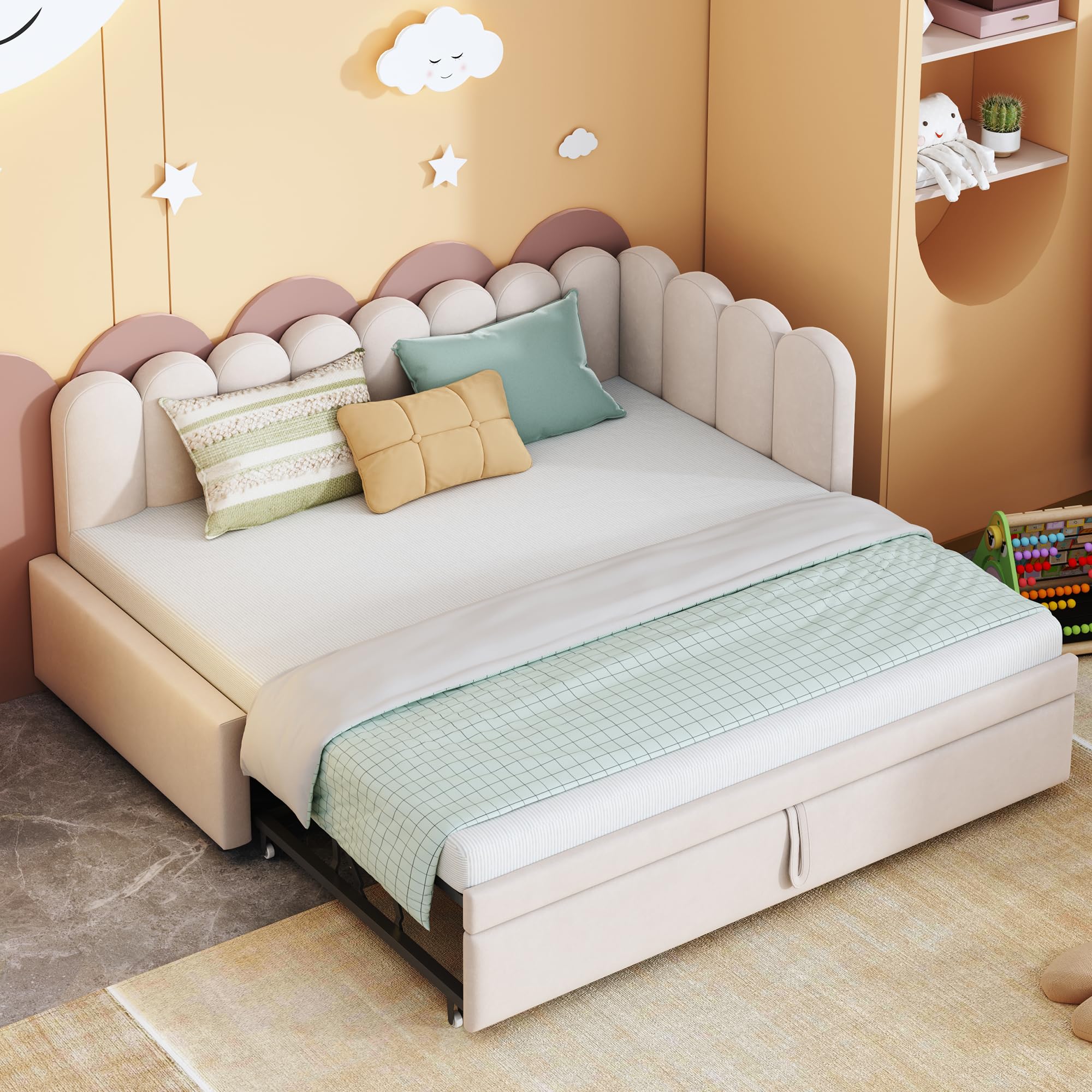 Sofá cama multifunción 2 en 1 en forma de L (90/180 x 200 cm), cama tapizada de terciopelo, diseño que ahorra espacio, se puede utilizar como cuna o cama de invitados, beige (sin colchón)