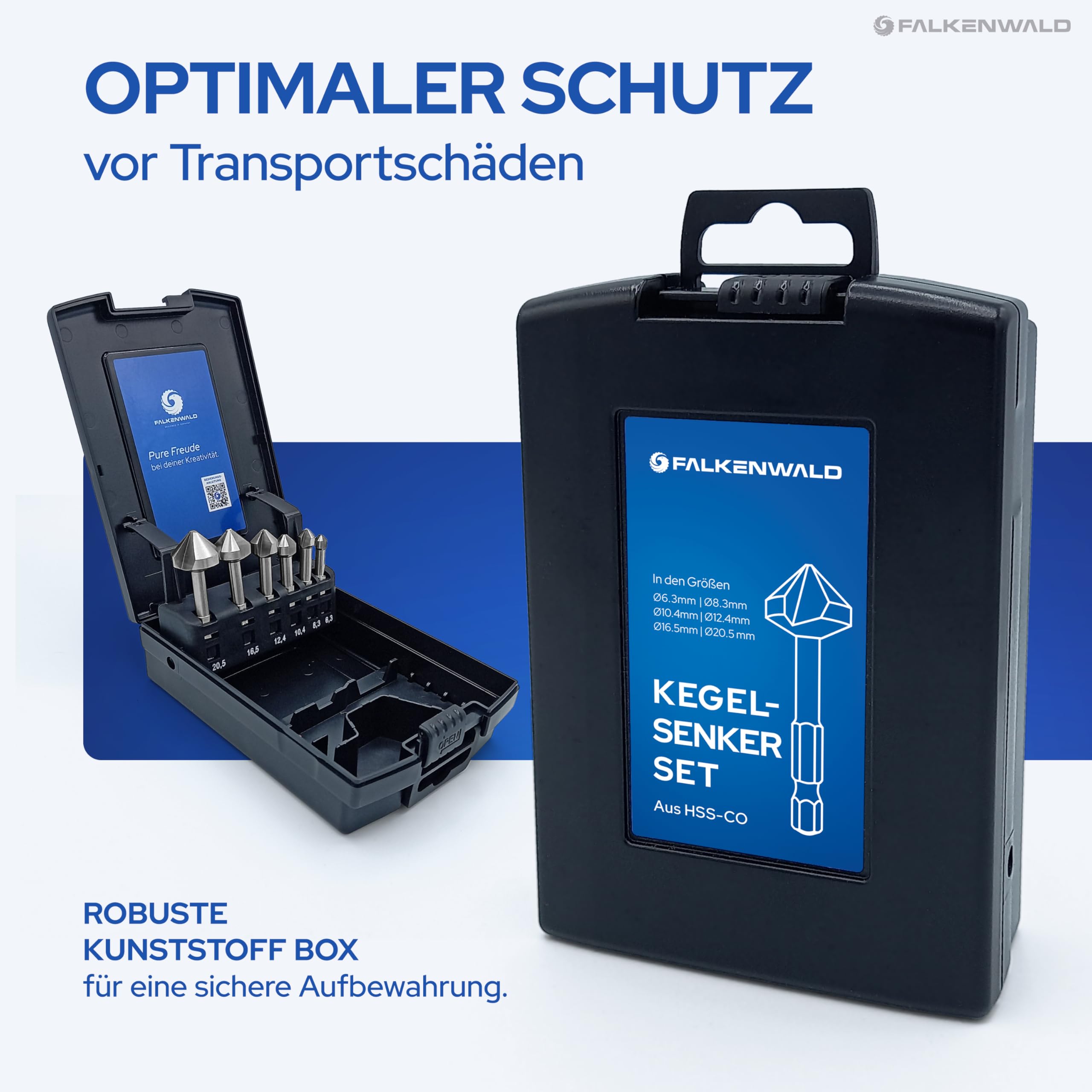 Falkenwald Kegelsenker Set aus HSS-CO Stahl [6-teilig inkl. Aufbewahrungsbox] - Senkbohrer Holz Ø 6,3-20,5 mm - Senker Holz - Senker Metall Kegelsenker Metall