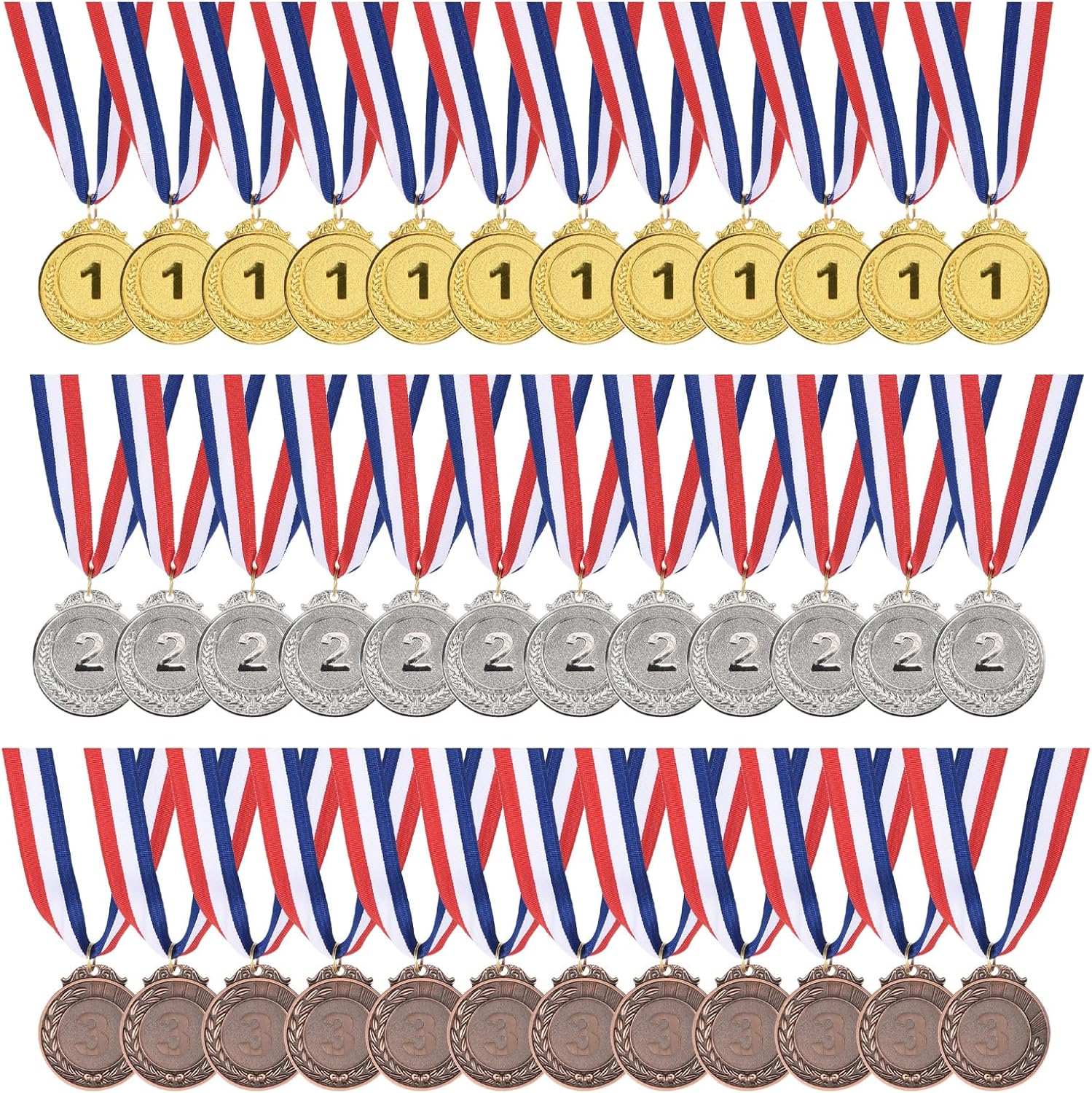 YOKIVE 36 Pcs Gold Silver Bronze Award Metals, Game Award Medals 1st 2nd 3rd Prize with Neck Ribbon for Sport Competition Play (Multicolor, 2-Inches)