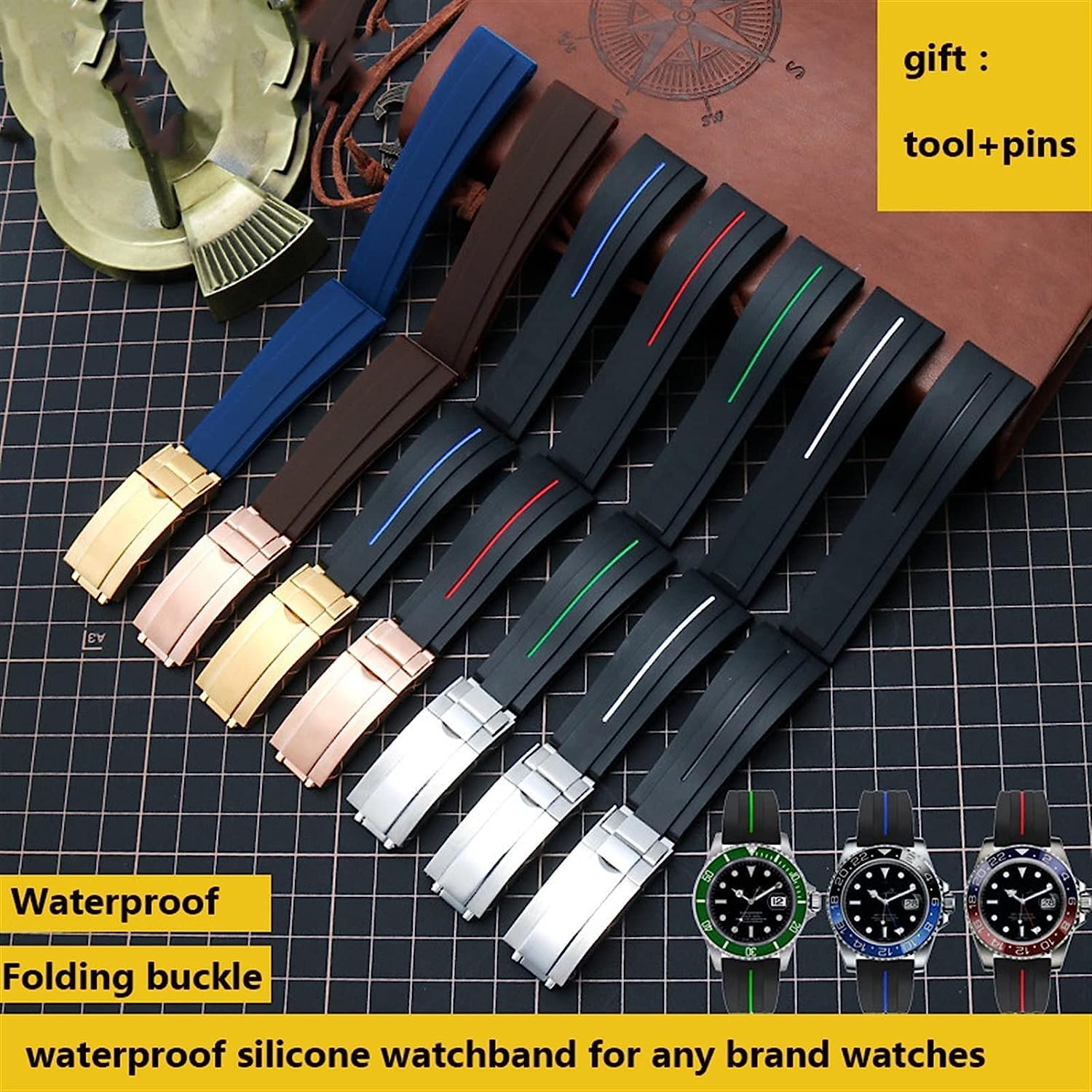 Cinturino in gomma per Rolex Sport Mens Watch Strap con cinturino da polso con fibbia pieghevole 20mm 21mm