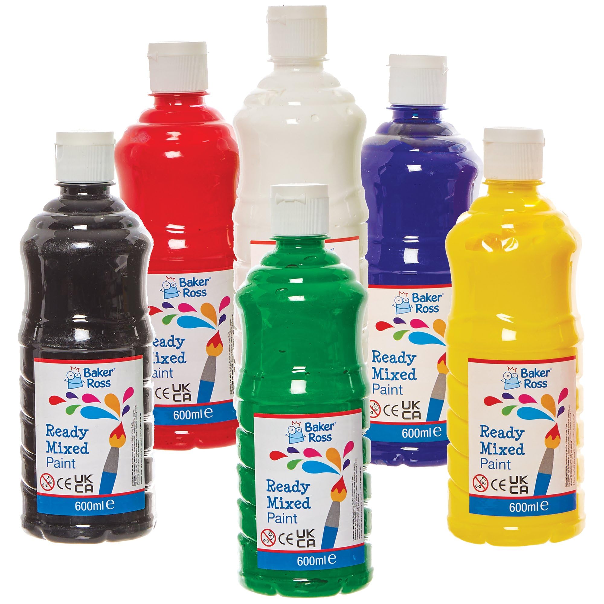 Baker Ross FN163 Primary Colours Ready Mixed Poster Paints - Pack of 6, 600ml Bottles, Art & Craft Paint