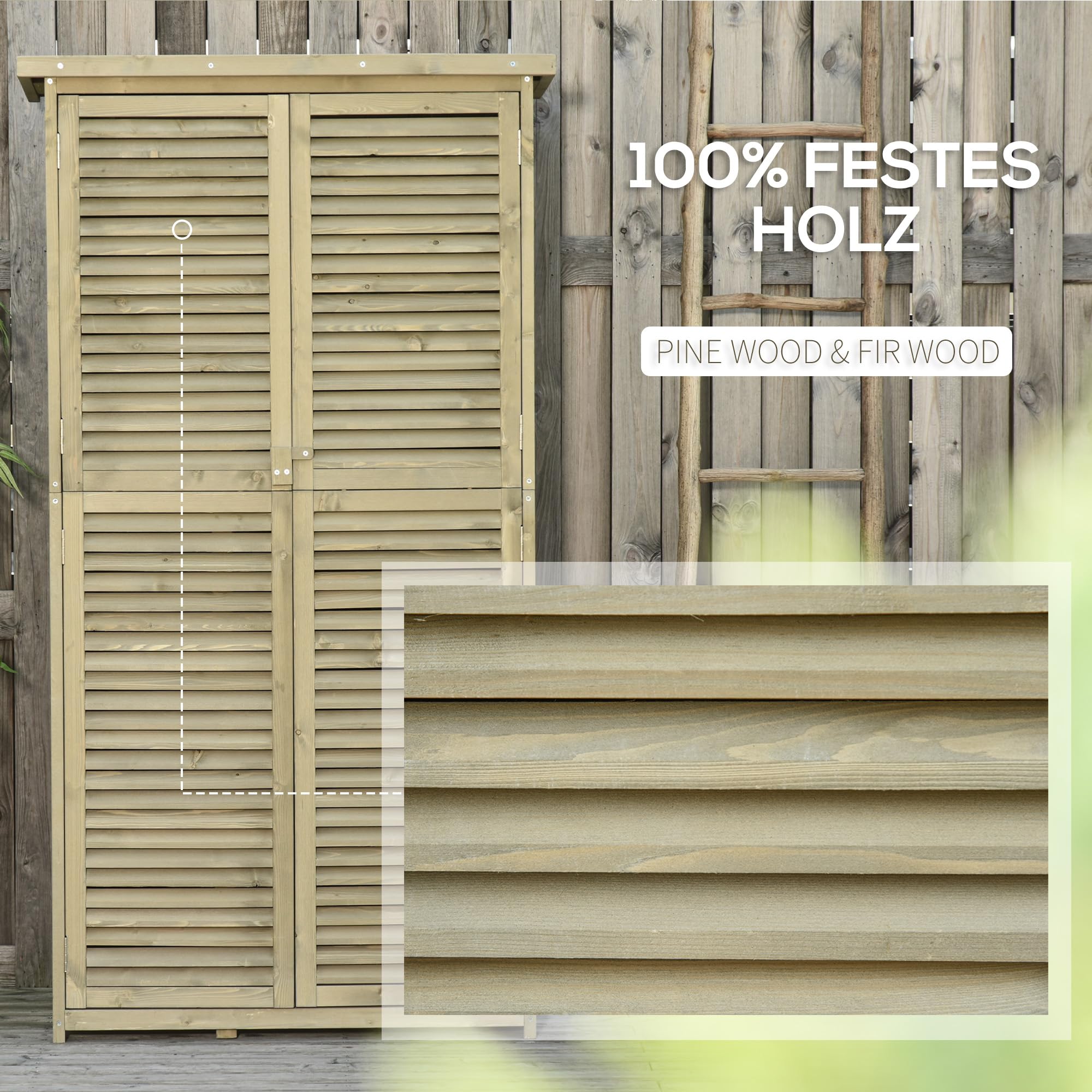Outsunny Gartenschrank Holz Geräteschuppen Gerätehaus mit Asphaltdach Lamellentür Geräteschrank Schuppen Garten 4 Fächer Grau 87 x 46,5 x 160 cm