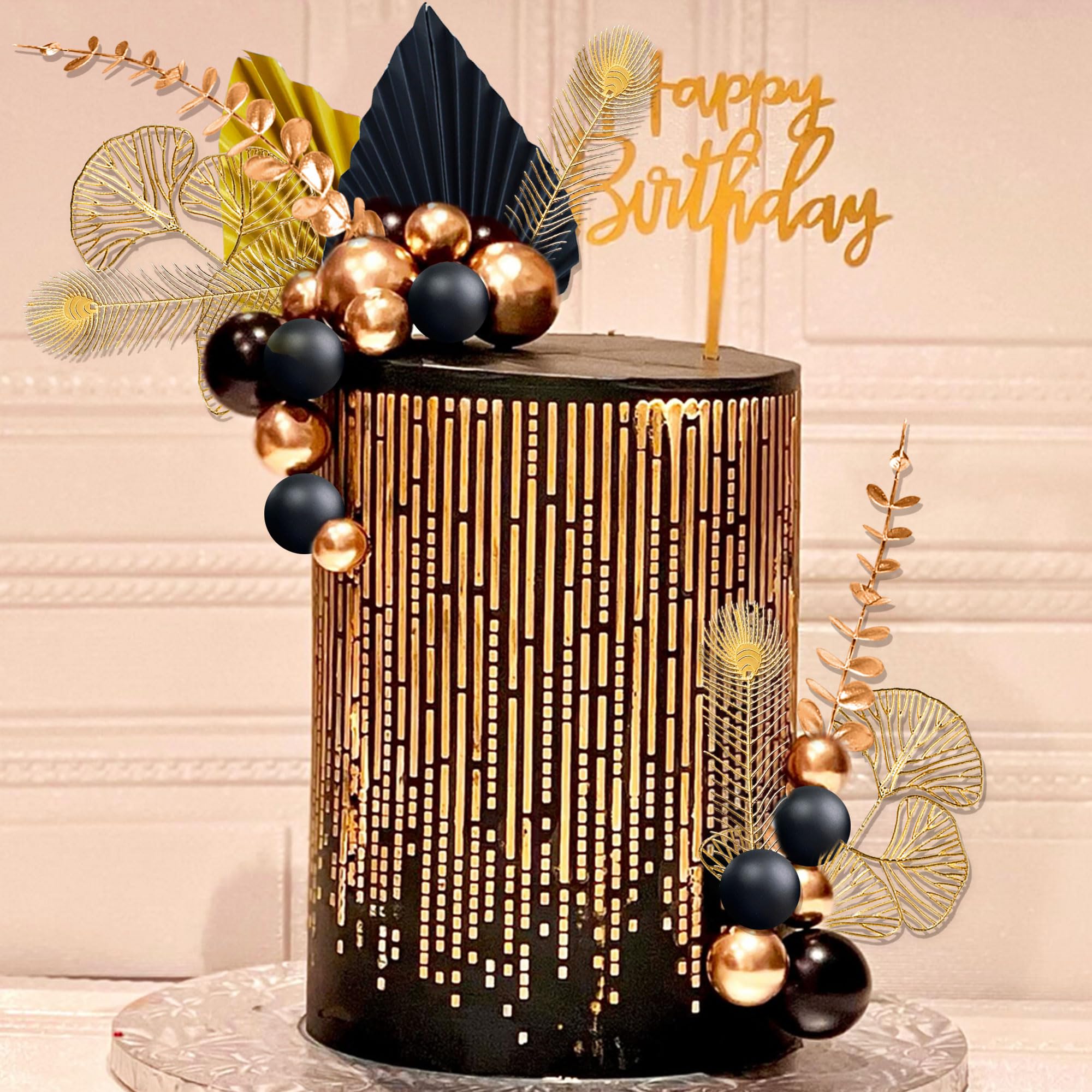 Black Gold Balls & Leaves Cake Topper Set - Roaring 20s, Gatsby, New Year Eve Party Decoration - View #6