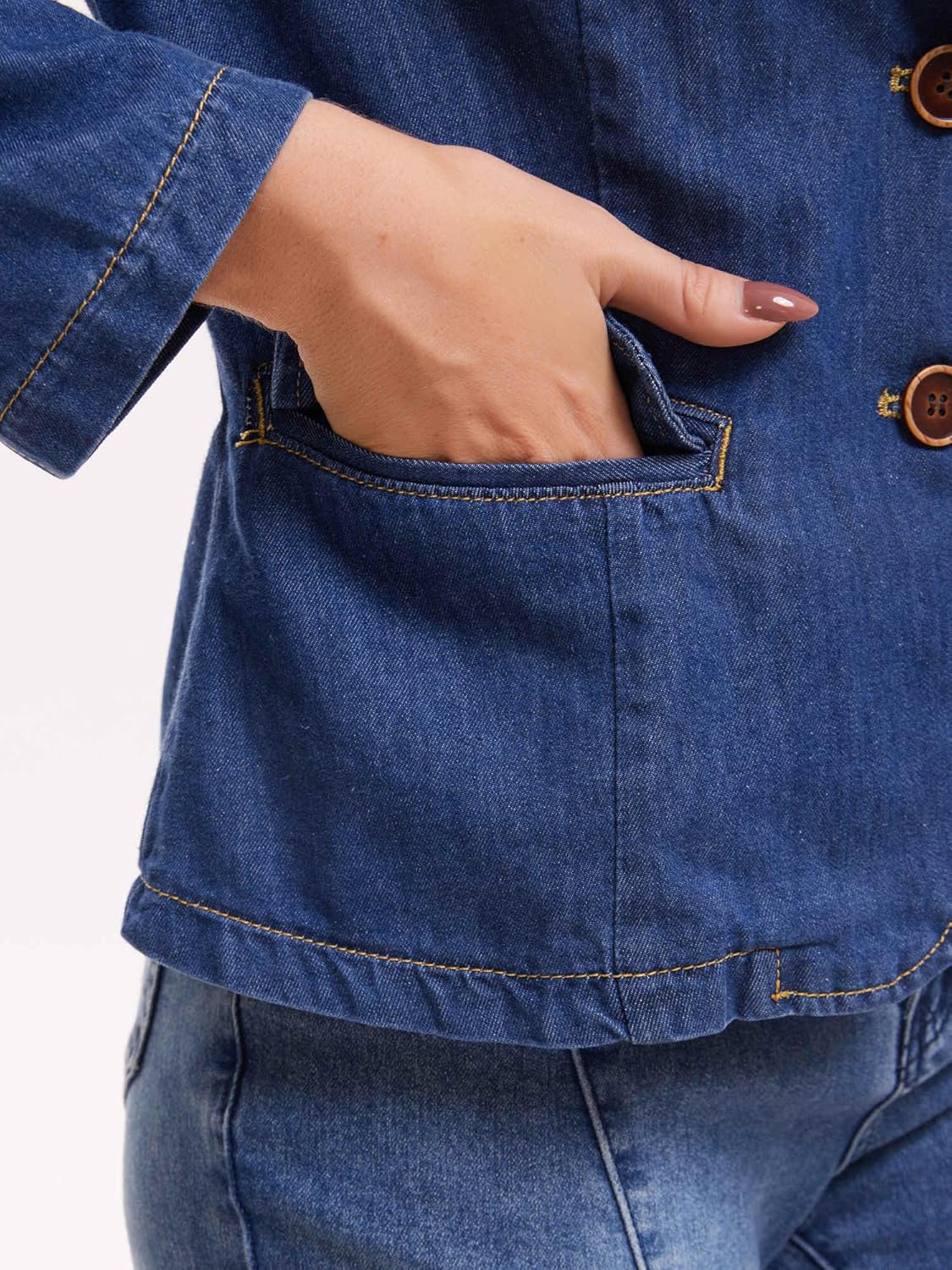 Women's Denim Jacket Notched Lapel Collar Long Sleeve Button Lightweight Fitted Denim Blazer - Image 5