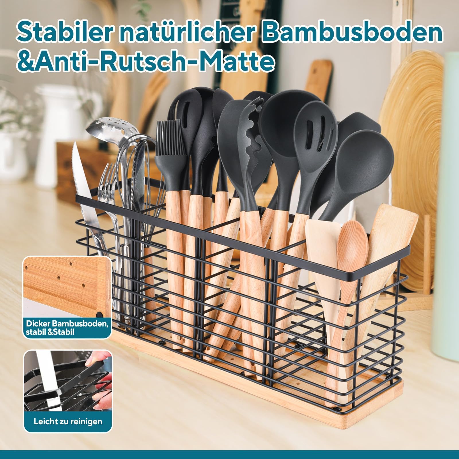 Gflyyue Grande Portautensili Per Bancone Della Cucina, Grande Vassoio Per Utensili In Acciaio Inox Nero Con Base In Legno, Tappetino Antiscivolo, 4