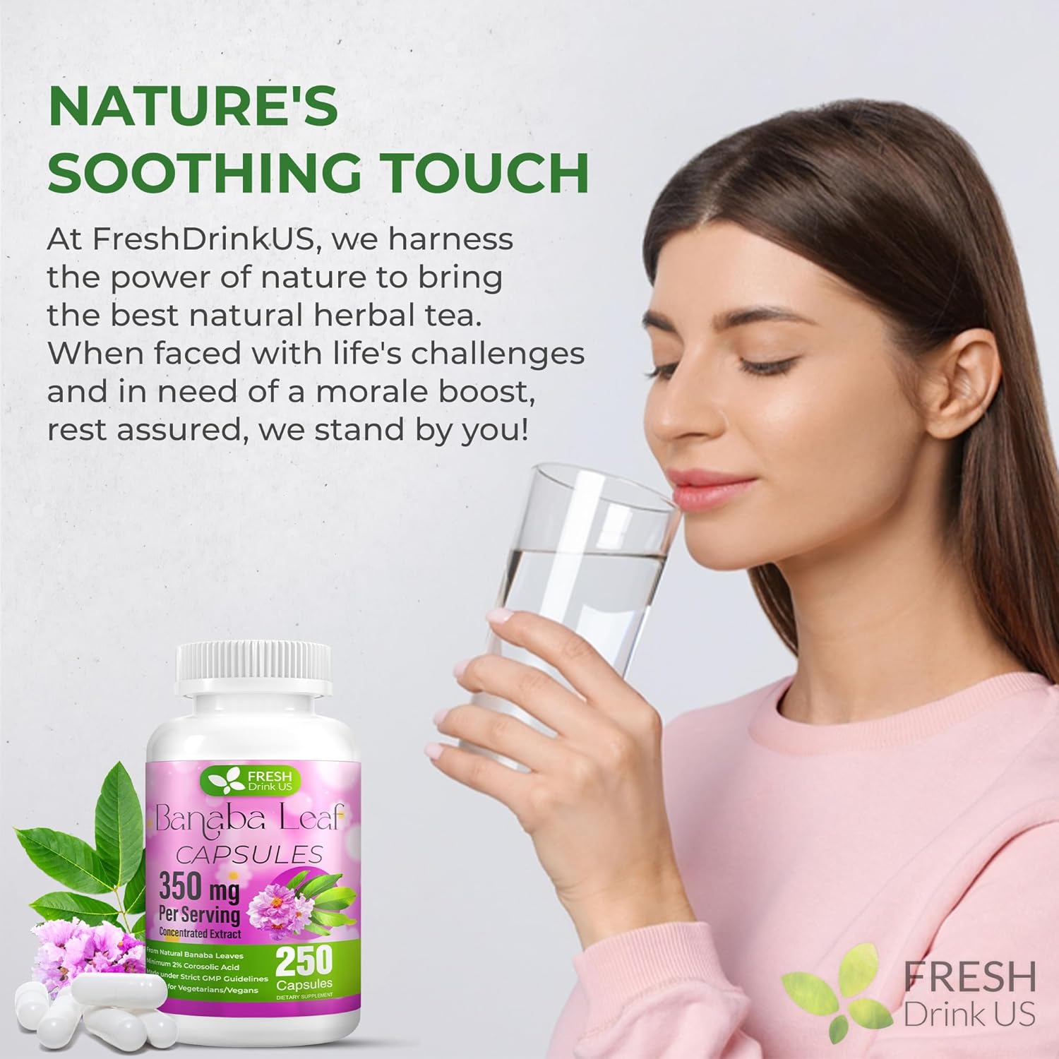 FreshDrinkUS, 250 Banaba Capsules| High Potency Standardized| 100% From Natural Banaba Leaves Extract| 350mg per Capsule| 350mg per Serving| 250 Days Supply| Vegan Capsules| Non-GMO, Gluten-Free - Image 8