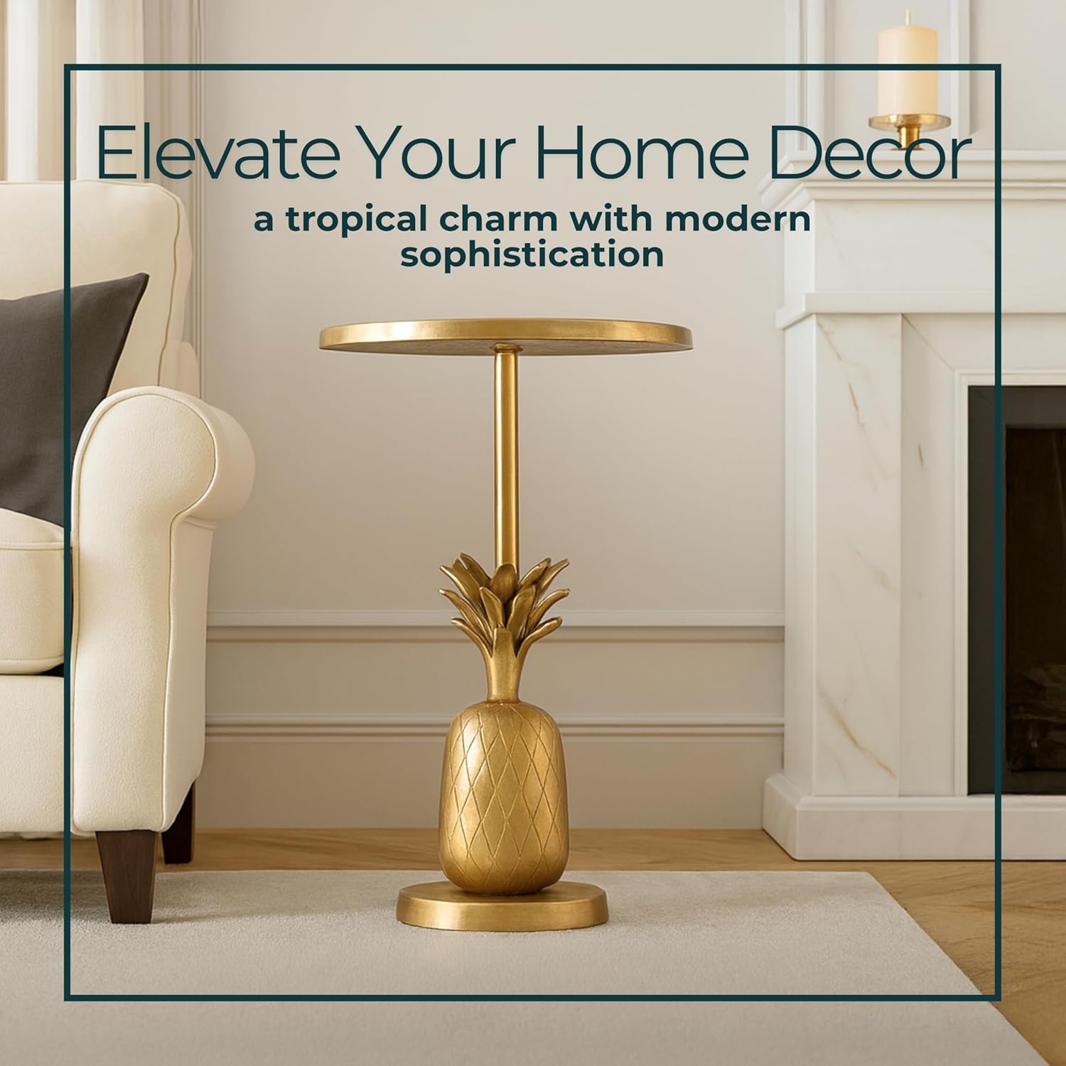 Pineapple Accent Table with Modern Tropical Design – Gold Metallic Finish Aluminum Round Side Table for Living Room, Bedroom, Office, & Home Decor – 15 x 24 Inches
