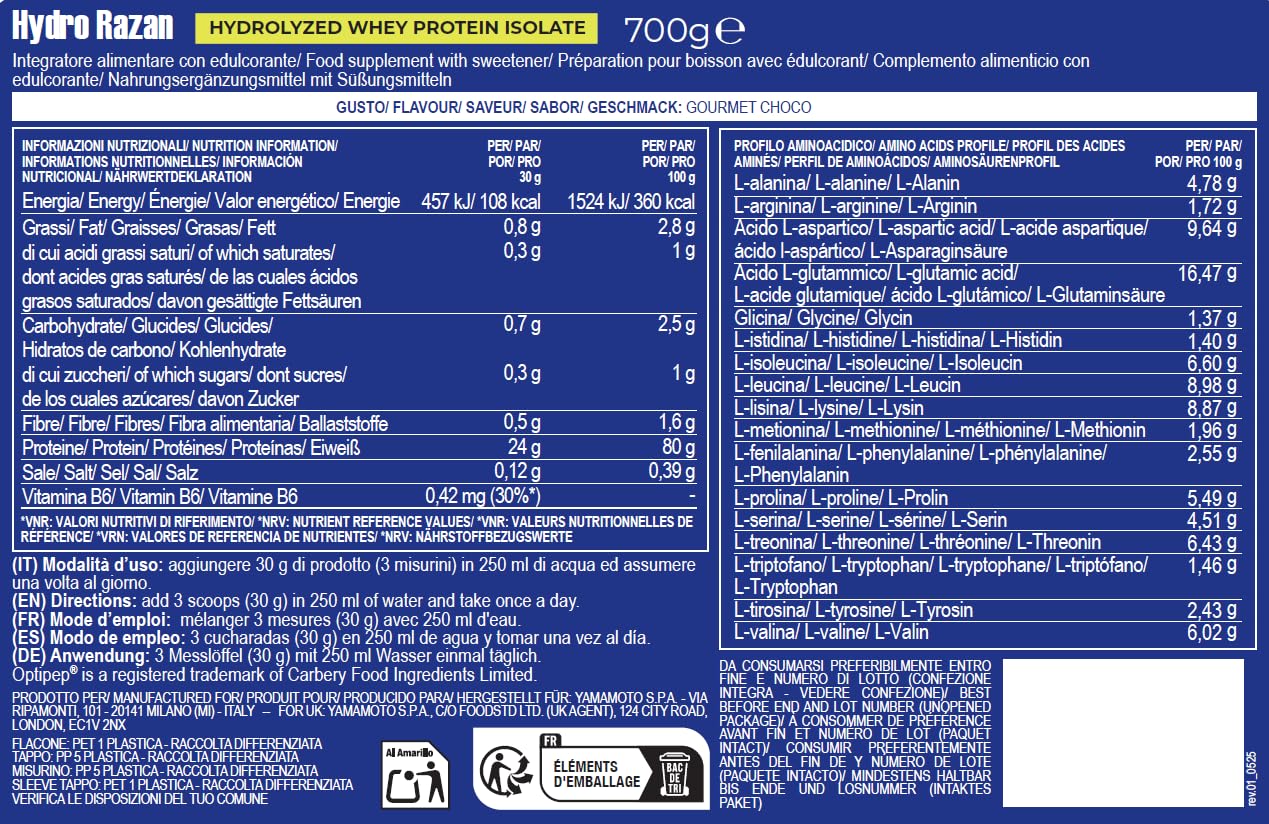 Hydro RAZAN® new formula integratore alimentare a base di proteine del siero del latte idrolizzate Optipep® 90 con aggiunta di probiotici ed enzimi digestivi gusto Cioccolato 700 g