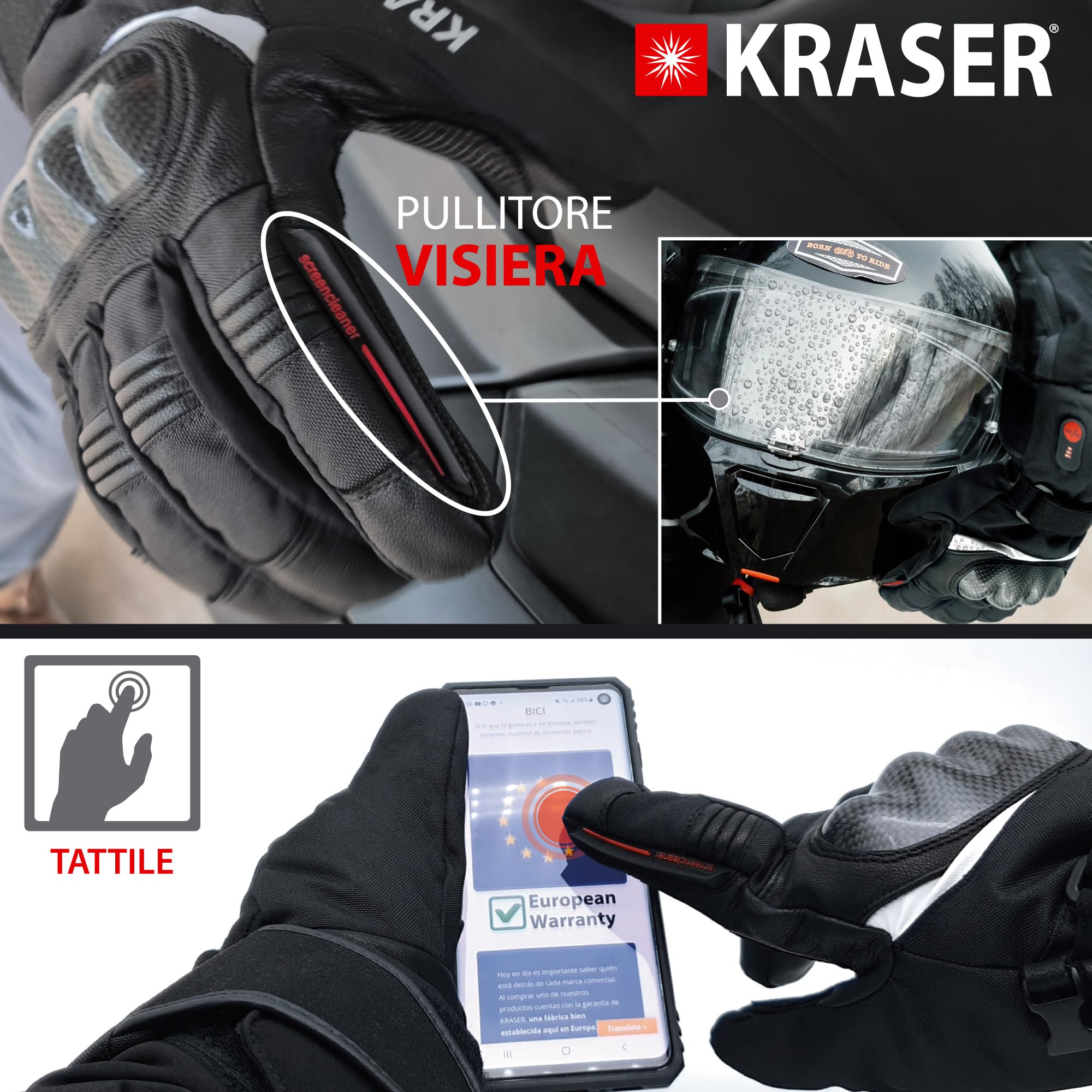 KRASER KRGS28 Guanti Moto Premium Omologato, Protezione in Fibra di Carboni, Pelle e Cordura, Testato Estreme, Impermeabili e Riscaldati, 3 Livelli, Guanti Moto Invernali per Uomo e Donna