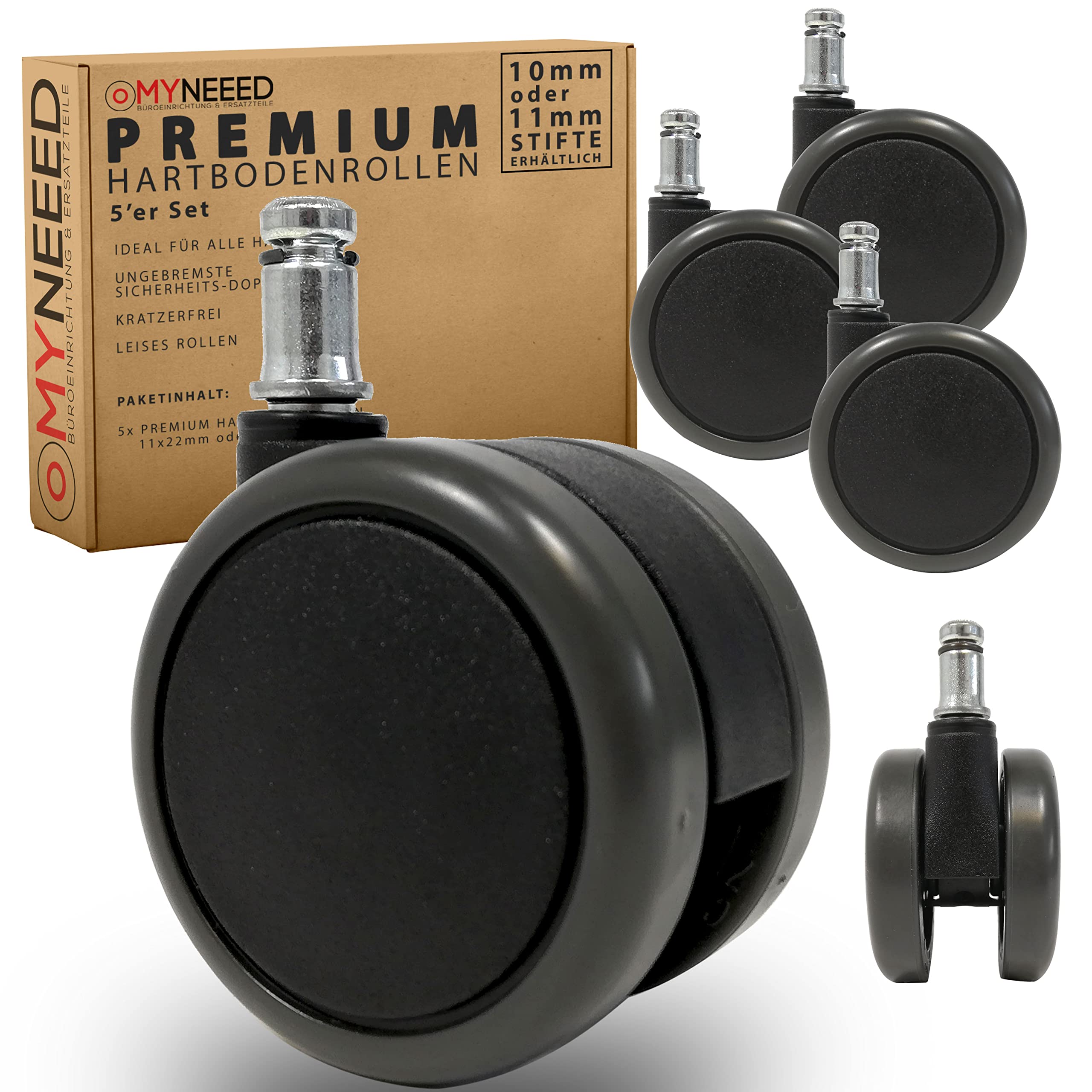MYNEEED Ruedas para silla de oficina para suelo duro, 11 mm, ruedas dobles de seguridad, sin arañazos y silenciosas, con certificado TÜV & GS