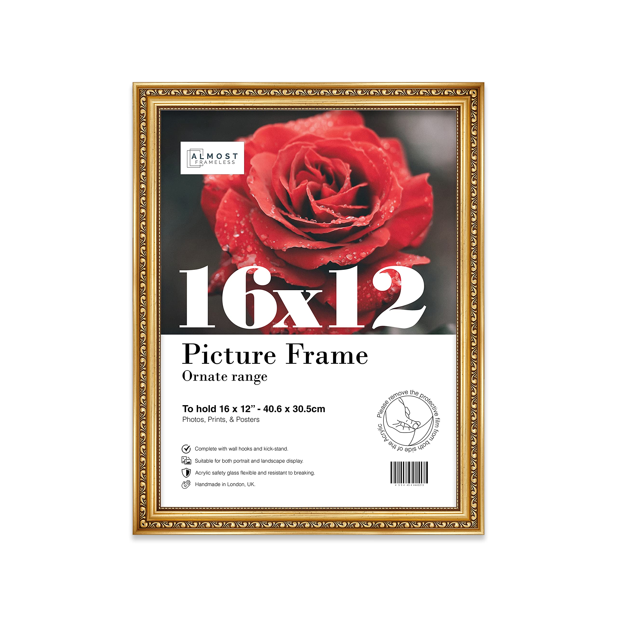 Almost Frameless 16x12 Gold Ornate Picture Frame 16"x12"(40.6x30.5cm) Poster, Photo, Artwork, or Print. Antique Style Portrait and Landscape Display with Wall Hooks