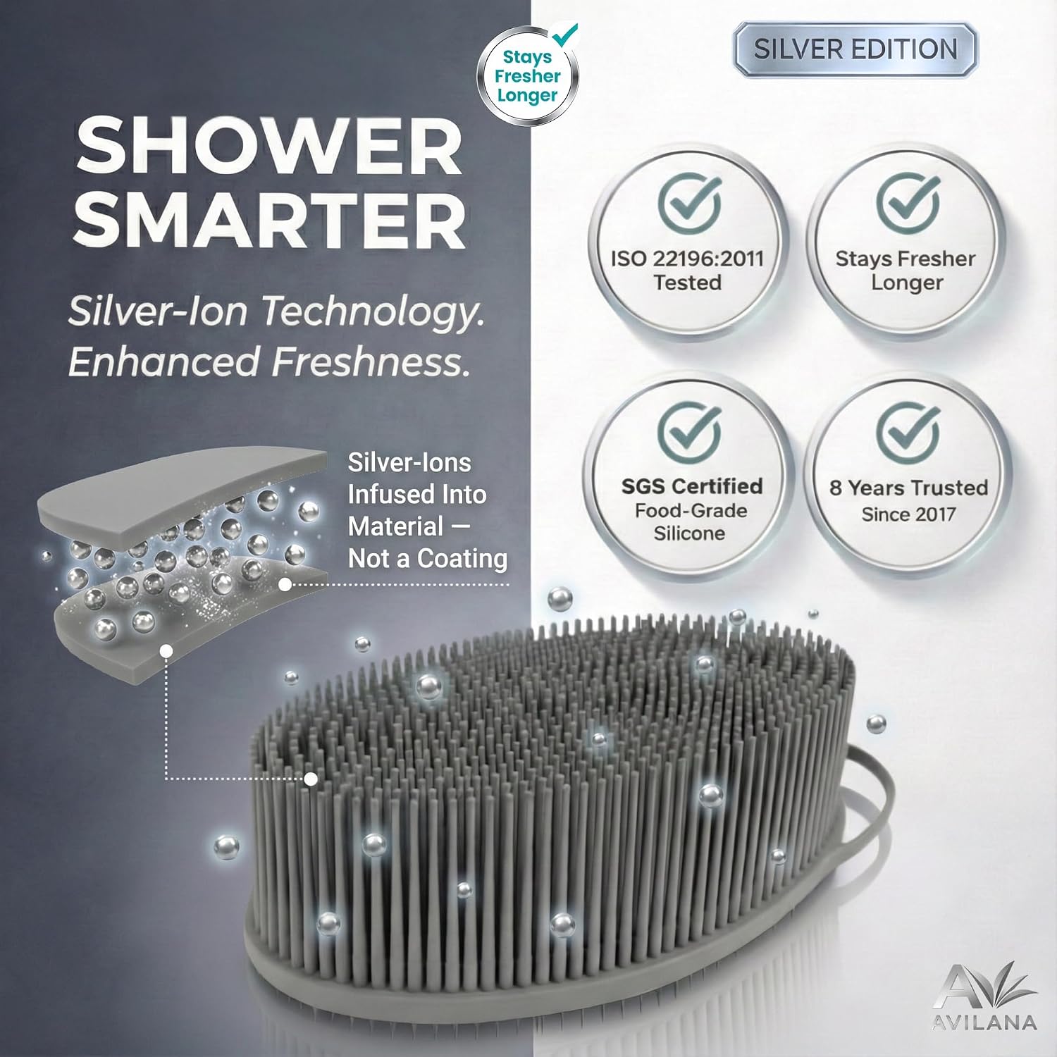 Avilana Silicone Body Scrubber for Shower – SGS Certified Food Grade Dual Sided Bath Brush, Gentle Exfoliating Silicone Loofah Alternative, Sensitive Skin Body Brush (Gray-Silver, Exfoliate) image 3