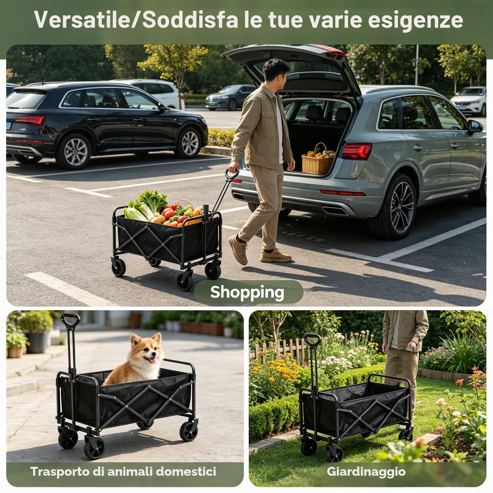 Carrello pieghevole da 100 l, con pneumatici e ruote