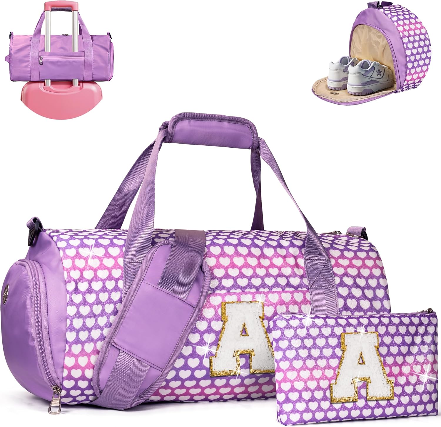 Vogewood Teen Girl Valentines Day Gifts Trendy Stuff, Girls Travel Duffel Bag, Kids Overnight Bags with Shoe Compartment, Personalized Gym Ballet Dance Bag with Makeup Pouch, Birthday Gift (Letter A)