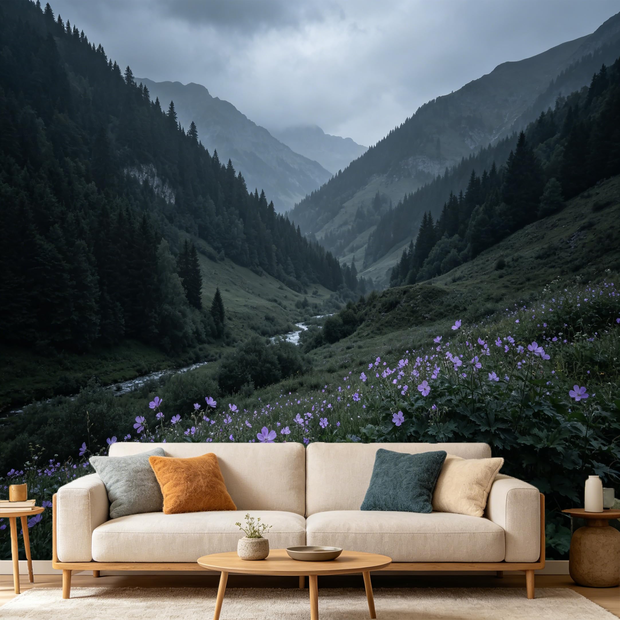 Custom Size Wall Mural Misty Mountain Valley Landscape Pine Forest Wildflowers River SelfAdhesive Art Prints wall Fabric（No PVC） Removable Wallpaper Home Bedroom Decor