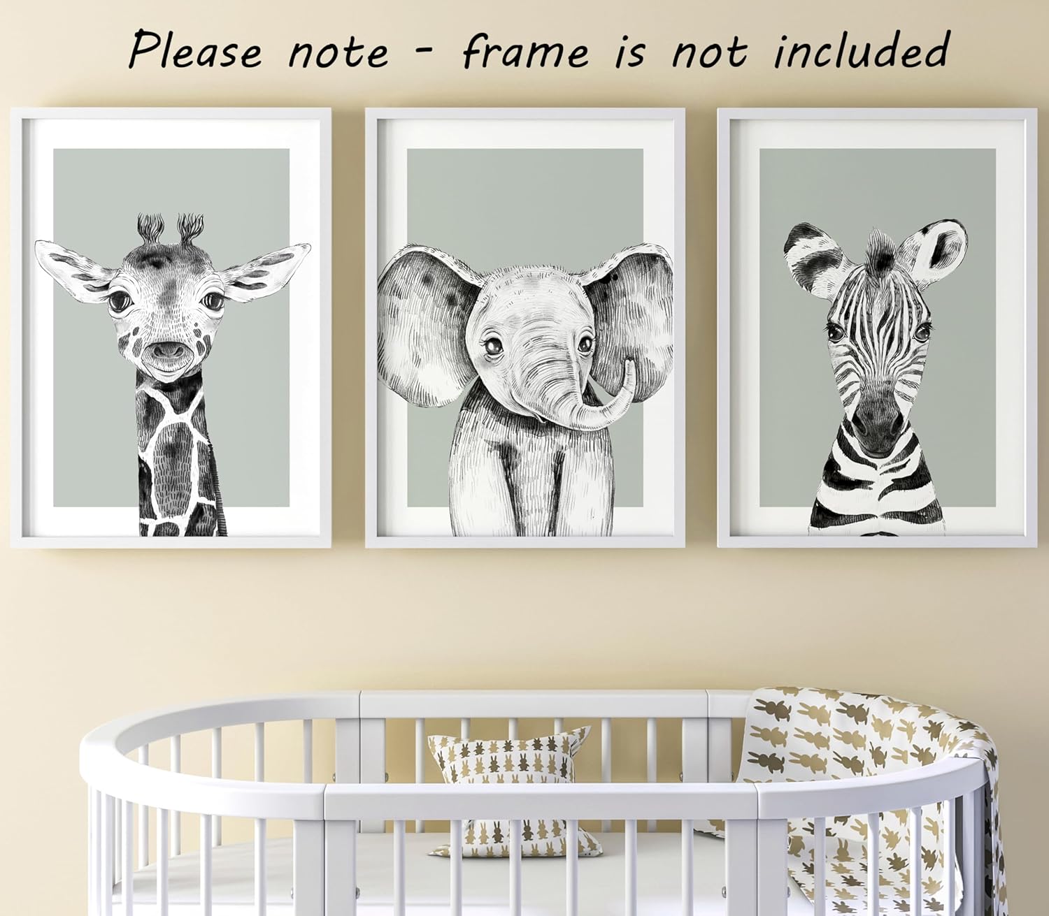 Safari Animals Baby Girl Boy Set of 3 Nursery Unframed Prints, Bedroom Decor Wall Art Posters, Black and White Elephant Giraffe Zebra, Green Background (12x16)