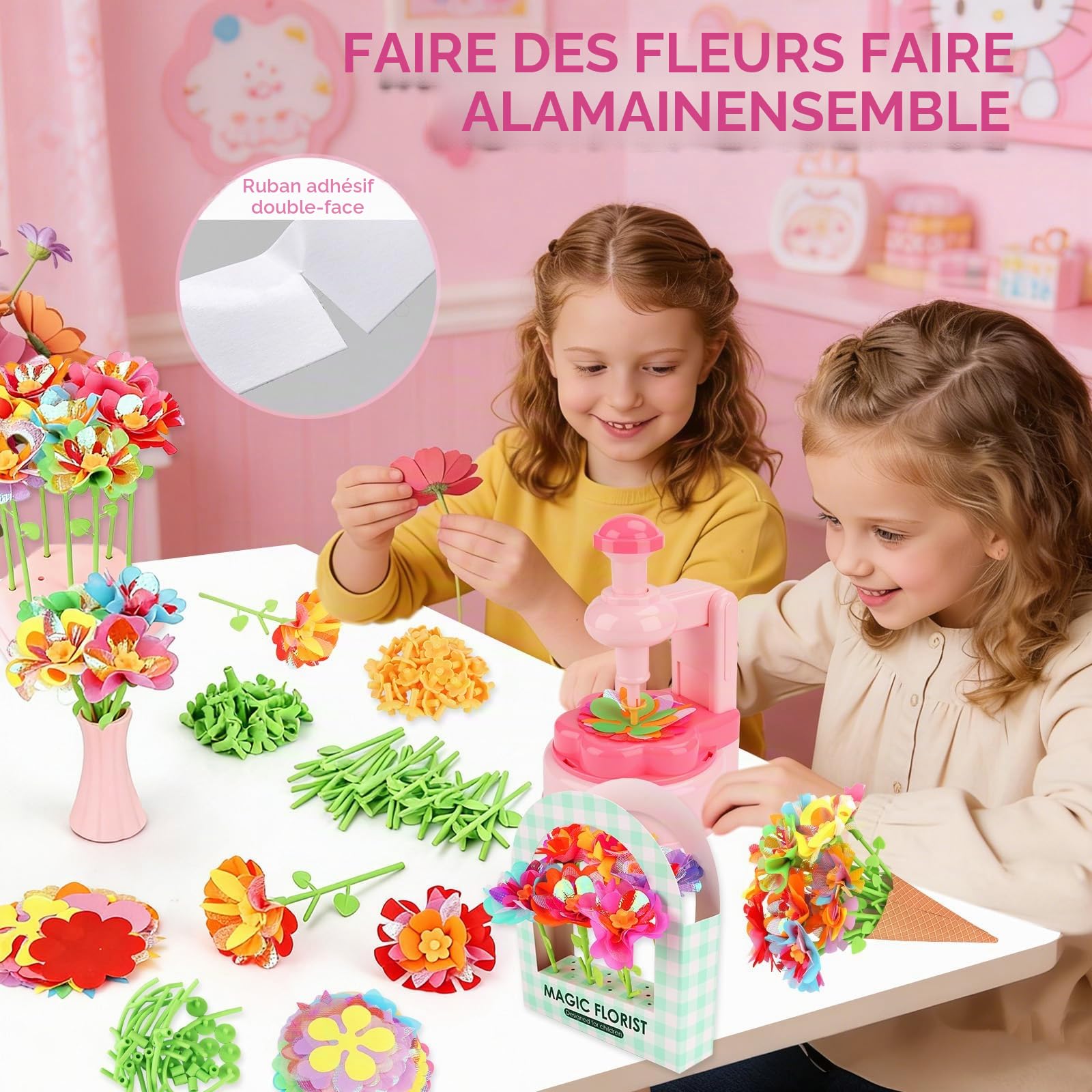 TOSUTO Activité Manuelle Enfant,Kit de Fabrication de Fleurs en Tissu,Set de Bricolage avec Machine à Fleurs et Vase,Bouquets Exclusifs pour Filles âgées de 3 à 9 Ans et Cadeaux D'anniversaire