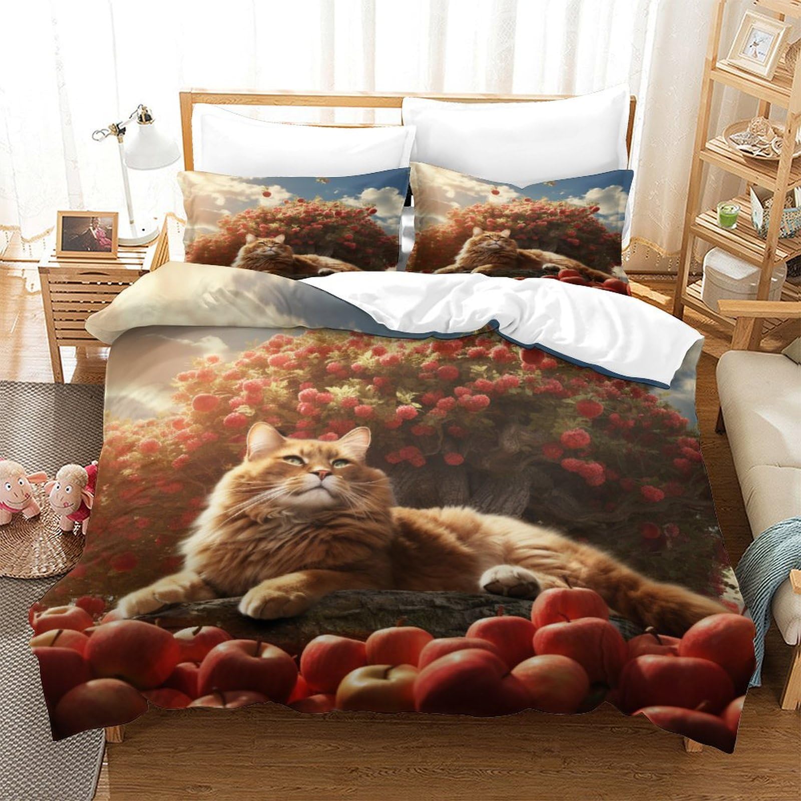 P1S9U7W5Y 3D Printed Cat Autumn Scenery Duvet Cover Set 3 Pieces Microfiber Bedroom Decor Cat Bedding Set for Adults Students All Seasons King（220x240cm）