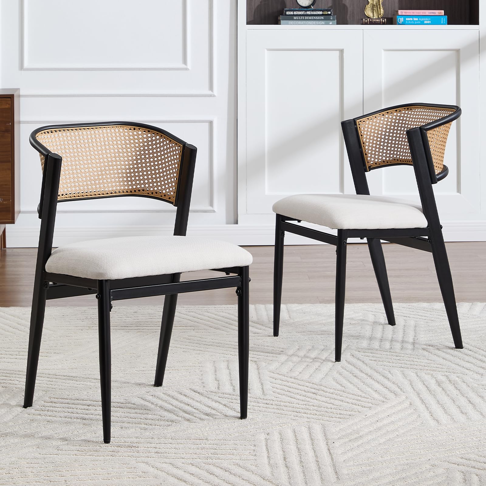 chairus Juego de 2 Sillas de Comedor de Madera Sillas de Cocina con Respaldo de Ratán, Silla Moderna con Asiento de Lino para Mesa/Restaurante, Negro