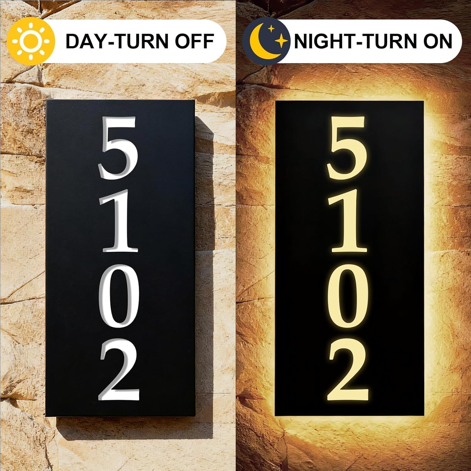 Custom Backlit LED House Number Sign for Outdoor, Modern Waterproof Backlit Stainless Steel Address Plaque, Personalized Illuminated House Number for Home, Yard, Street, Garage, Shop, Office – Solar or Plug-In Power
