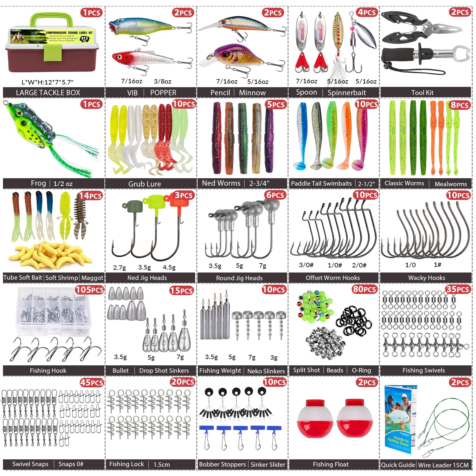 THKFISH Scatola per attrezzatura a 3 strati con attrezzatura inclusa, 413 pezzi per esche da pesca, accessori e strumenti. Il kit contiene crankbait, ami, piombini pesi, pinze da pesca per basso