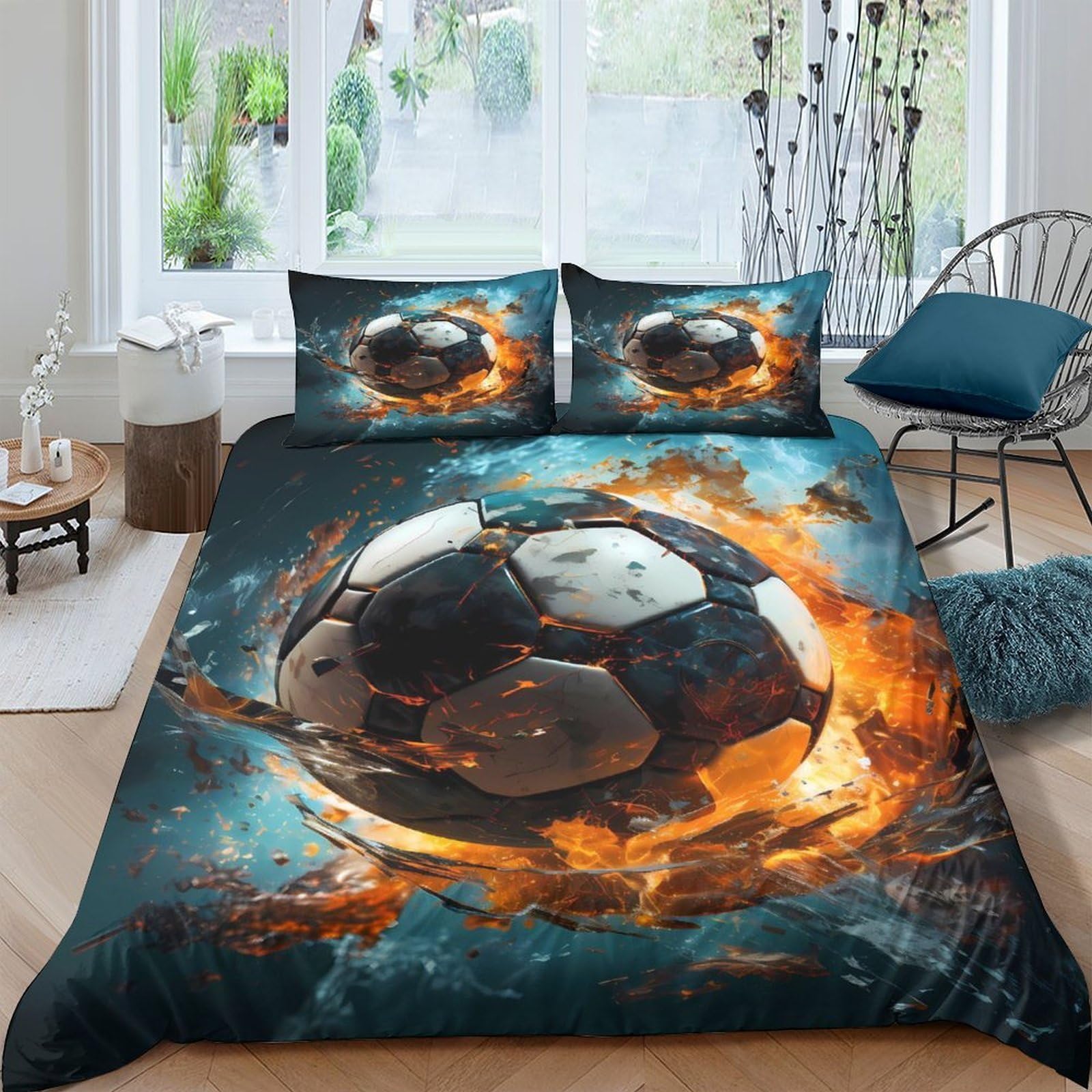 Ctjqhvkz Style-8 3D Printed Soccer Fire Fitted Sheet Microfiber Bedding Protector, Football Flame Mattress Cover For Bedroom Dorm Decor, Easy Care Single（135X200cm）