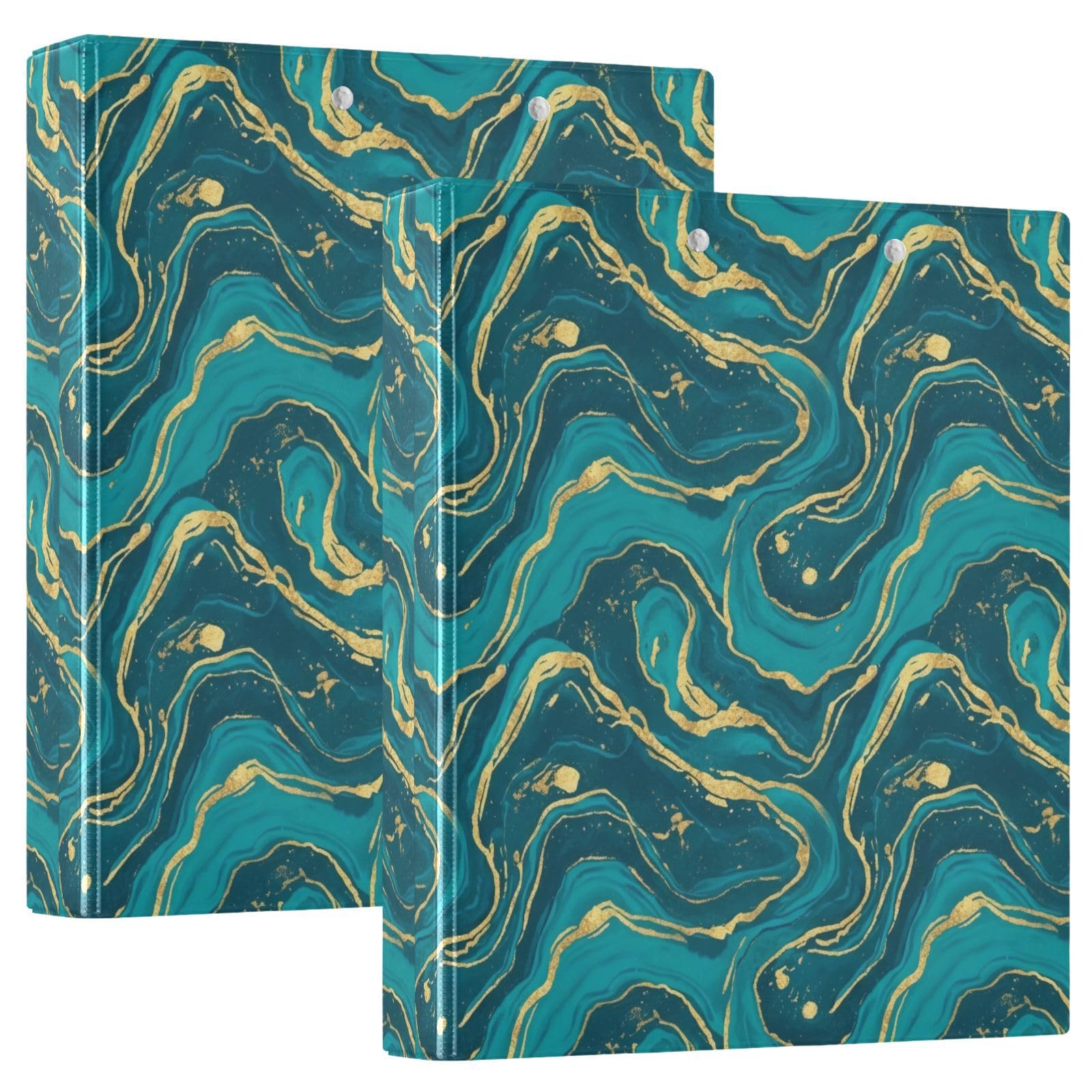 Carpeta de 3 anillos con estampado de mármol turquesa verde azulado de 1.5 pulgadas, carpeta de anillos en D, paquete de 2 | Con portapapeles y bolsillos, para escuela, universidad, oficina